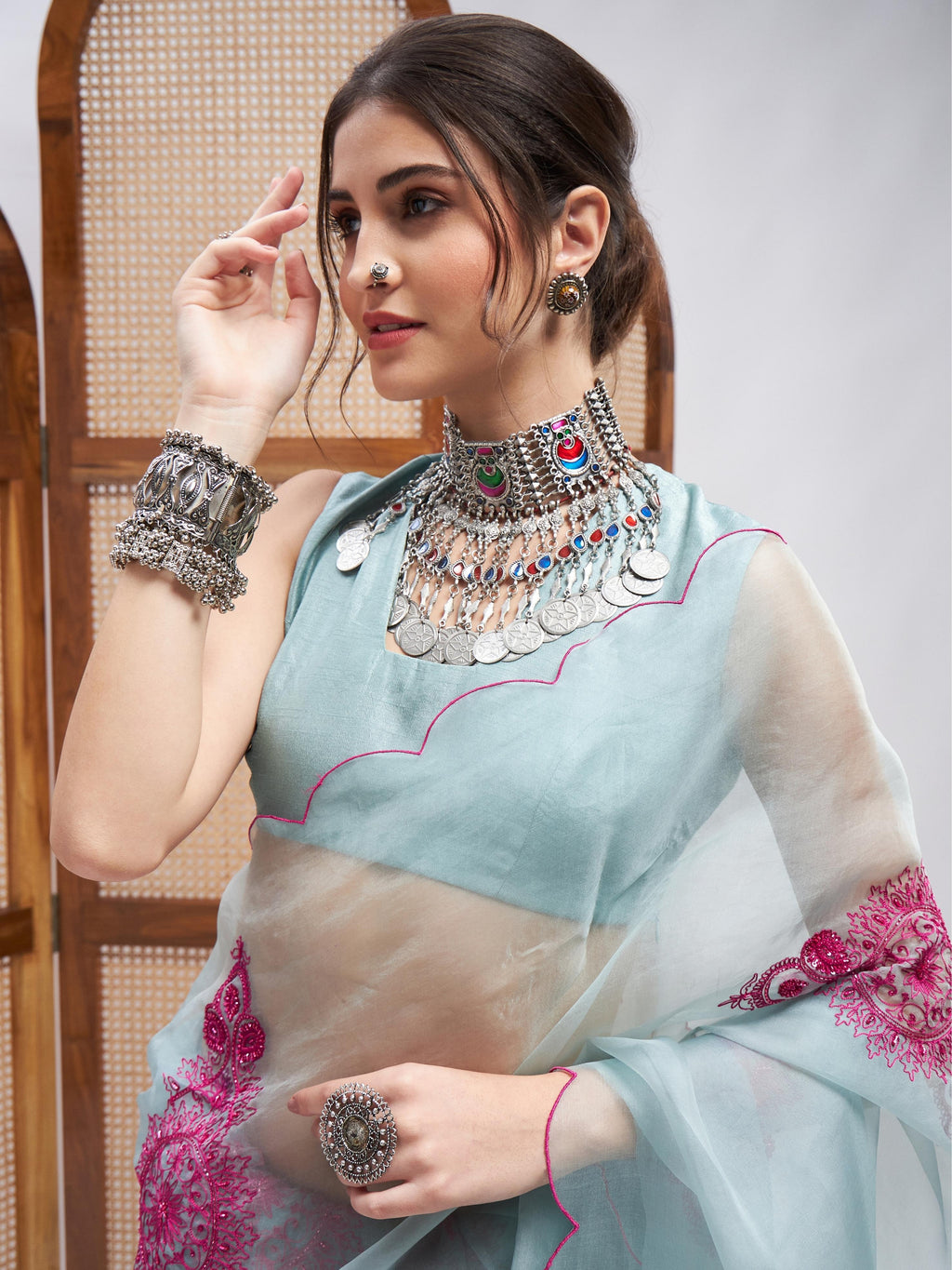 Blue Resham Embroidered Organza Saree Set at Kamakhyaa by RoohbyRidhimaa. This item is Blue, Embroidered, Festive Wear, Free Size, Resham, Resham Embroidered, Saree Sets, Toxin free