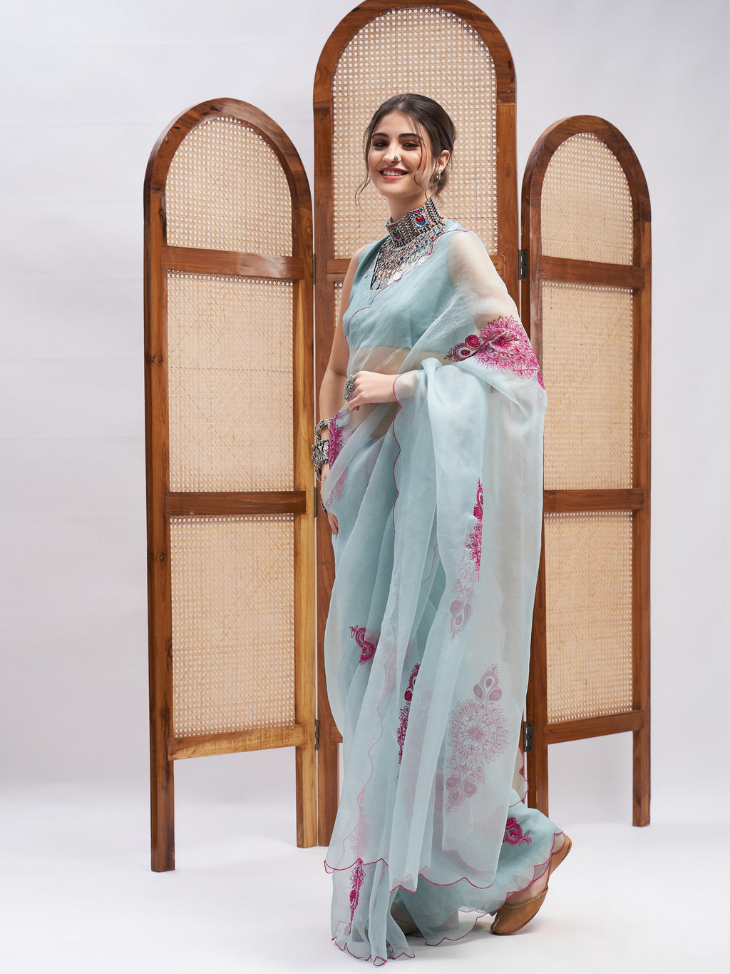 Blue Resham Embroidered Organza Saree Set at Kamakhyaa by RoohbyRidhimaa. This item is Blue, Embroidered, Festive Wear, Free Size, Resham, Resham Embroidered, Saree Sets, Toxin free