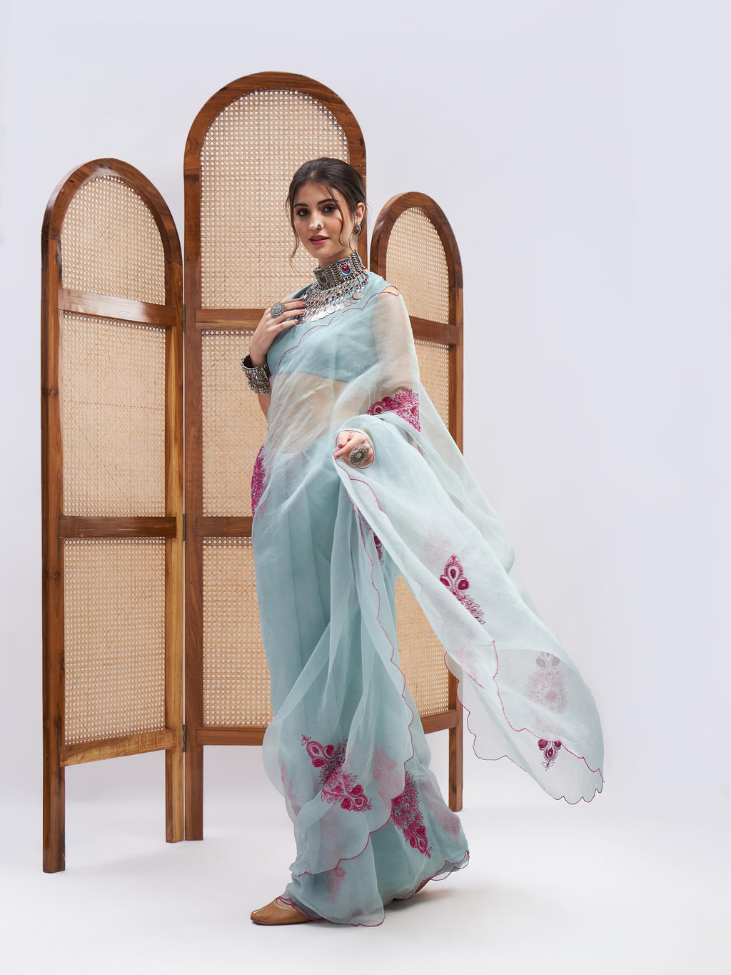 Blue Resham Embroidered Organza Saree Set at Kamakhyaa by RoohbyRidhimaa. This item is Blue, Embroidered, Festive Wear, Free Size, Resham, Resham Embroidered, Saree Sets, Toxin free