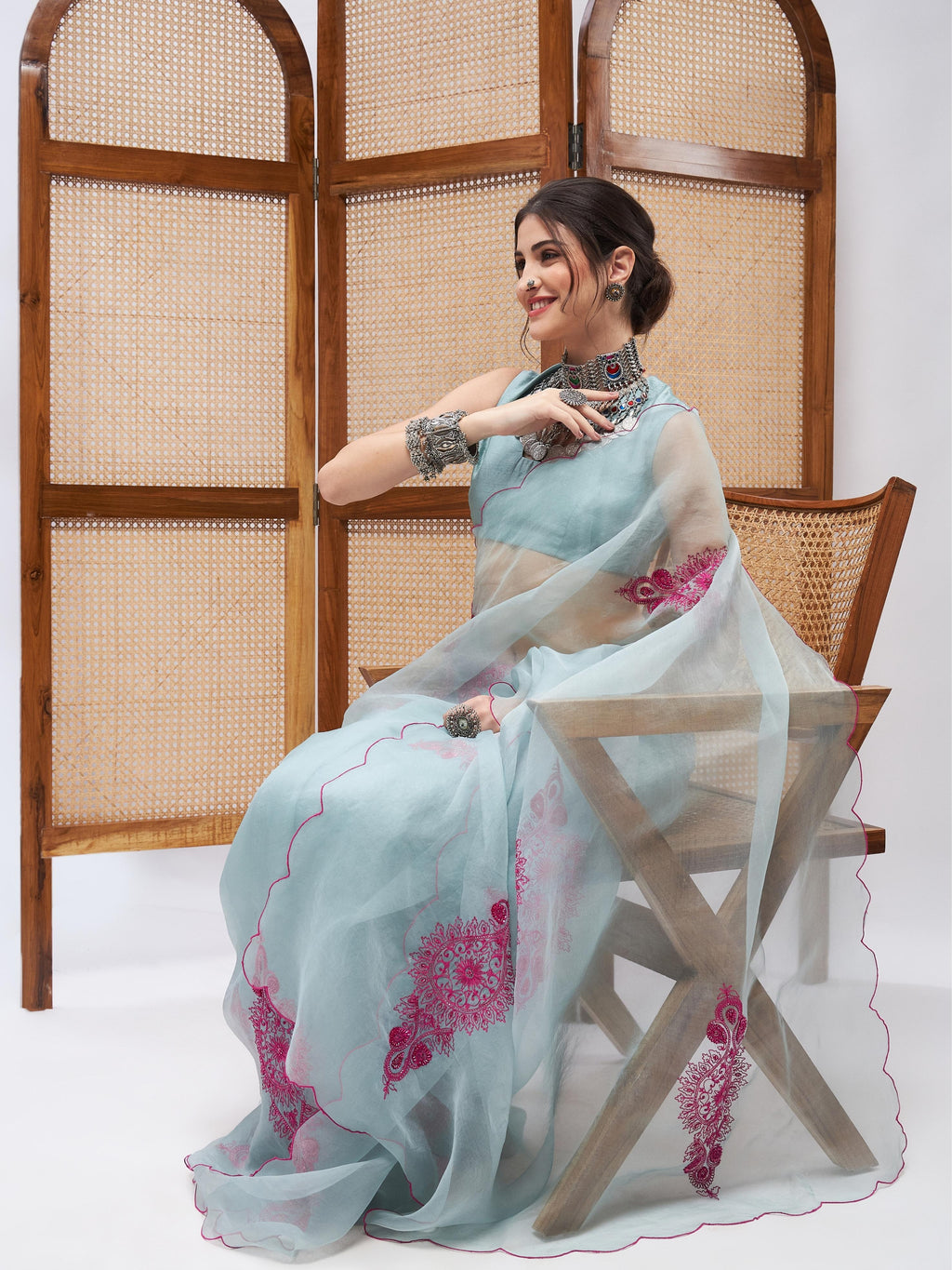 Blue Resham Embroidered Organza Saree Set at Kamakhyaa by RoohbyRidhimaa. This item is Blue, Embroidered, Festive Wear, Free Size, Resham, Resham Embroidered, Saree Sets, Toxin free