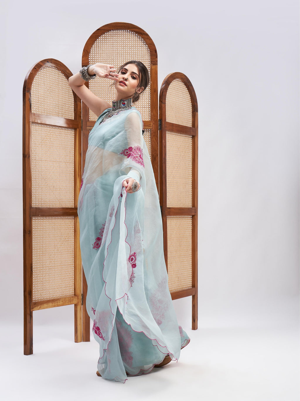 Blue Resham Embroidered Organza Saree Set at Kamakhyaa by RoohbyRidhimaa. This item is Blue, Embroidered, Festive Wear, Free Size, Resham, Resham Embroidered, Saree Sets, Toxin free