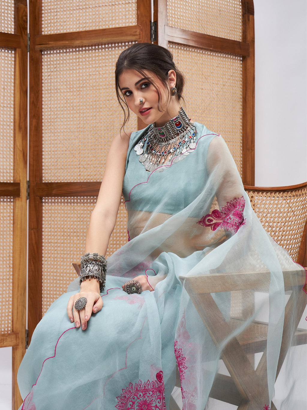 Blue Resham Embroidered Organza Saree Set at Kamakhyaa by RoohbyRidhimaa. This item is Blue, Embroidered, Festive Wear, Free Size, Resham, Resham Embroidered, Saree Sets, Toxin free