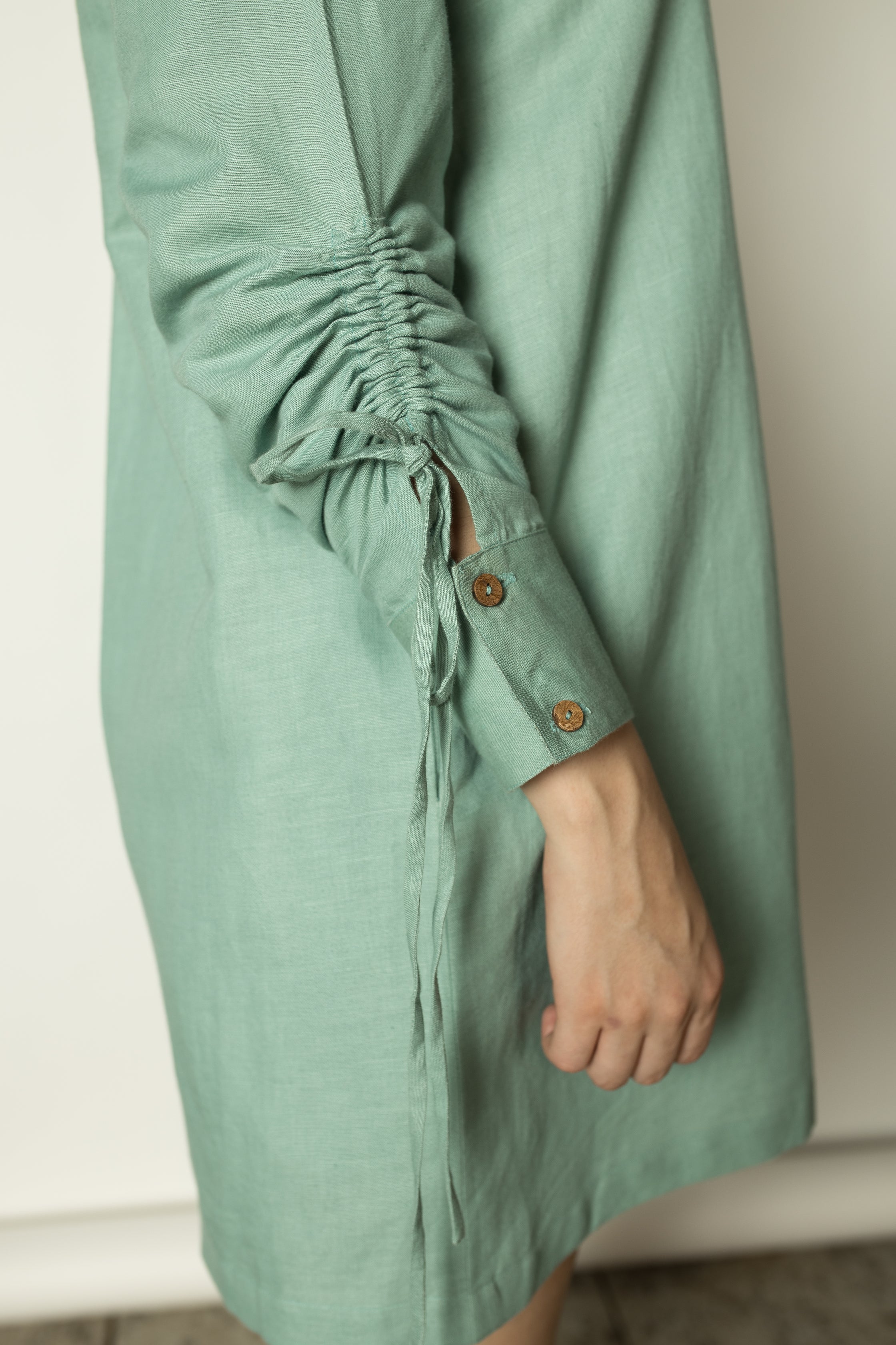 Blue Shirt Dress with Ruched Sleeves at kamakhyaa.com by Anushé Pirani. This item is Birthday Collection, Blue, Brunch Wear, Casual Wear, Console Collection List, Cotton, Dresses, Green, Hemp, Mini Dresses, Nostalgic Whispers by Anushe Pirani, Office Wear, Paris, Regular Fit, Review September 2025, Shirt Dresses, Solids, Sundowner Looks, Womenswear