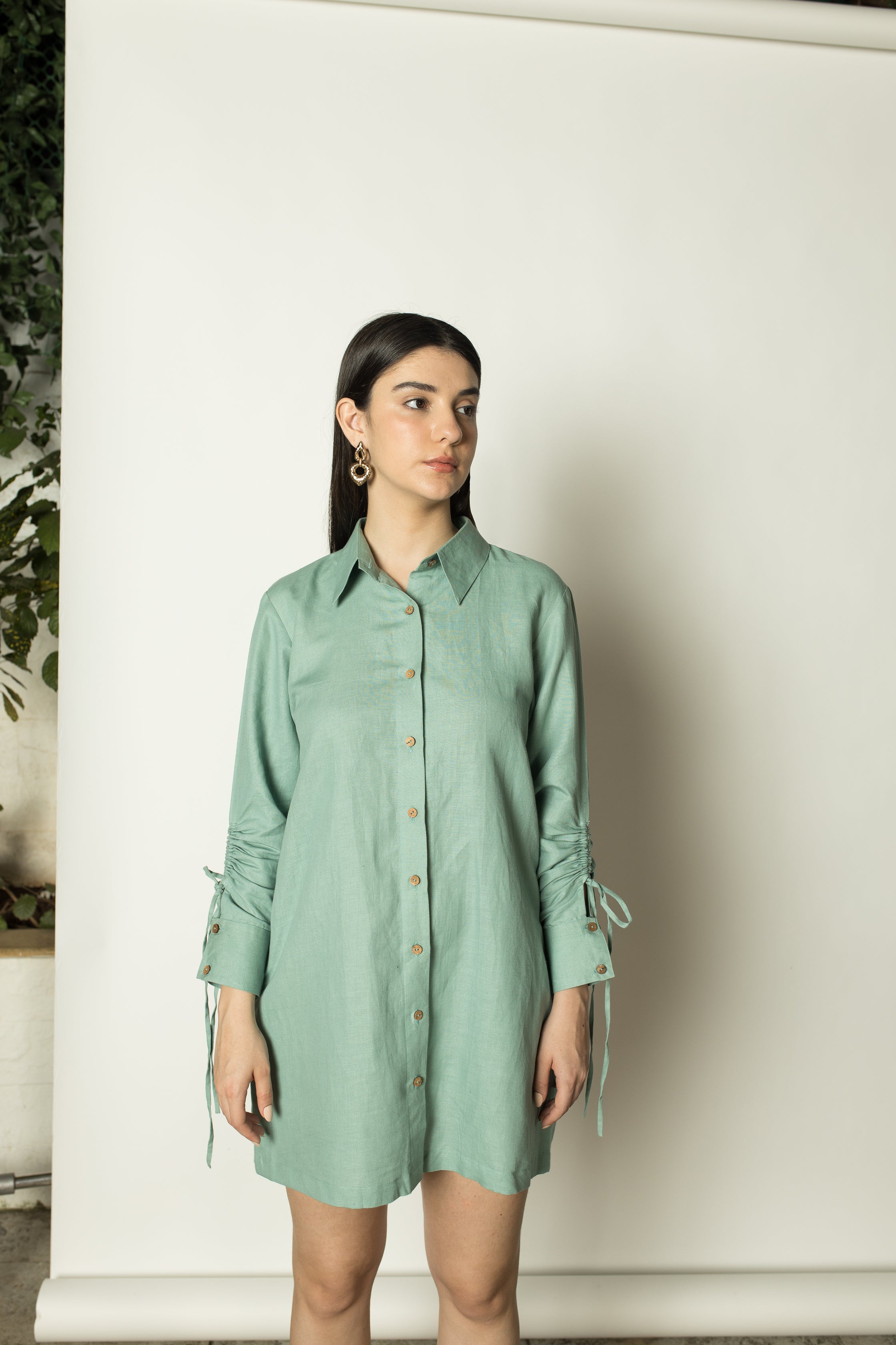Blue Shirt Dress with Ruched Sleeves at kamakhyaa.com by Anushé Pirani. This item is Birthday Collection, Blue, Brunch Wear, Casual Wear, Console Collection List, Cotton, Dresses, Green, Hemp, Mini Dresses, Nostalgic Whispers by Anushe Pirani, Office Wear, Paris, Regular Fit, Review September 2025, Shirt Dresses, Solids, Sundowner Looks, Womenswear