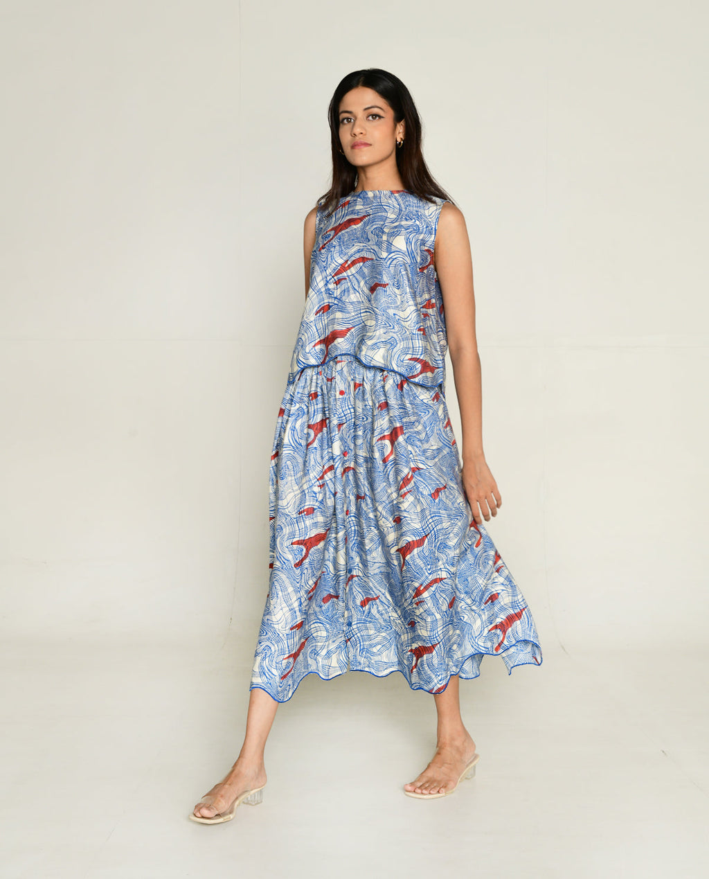 Blue Skirt at Kamakhyaa by Rias Jaipur. This item is Abstract Prints, Bhram by Rias Jaipur, Casual Wear, Cotton bemberg, Multicolor, Organic, Regular Fit, Skirts