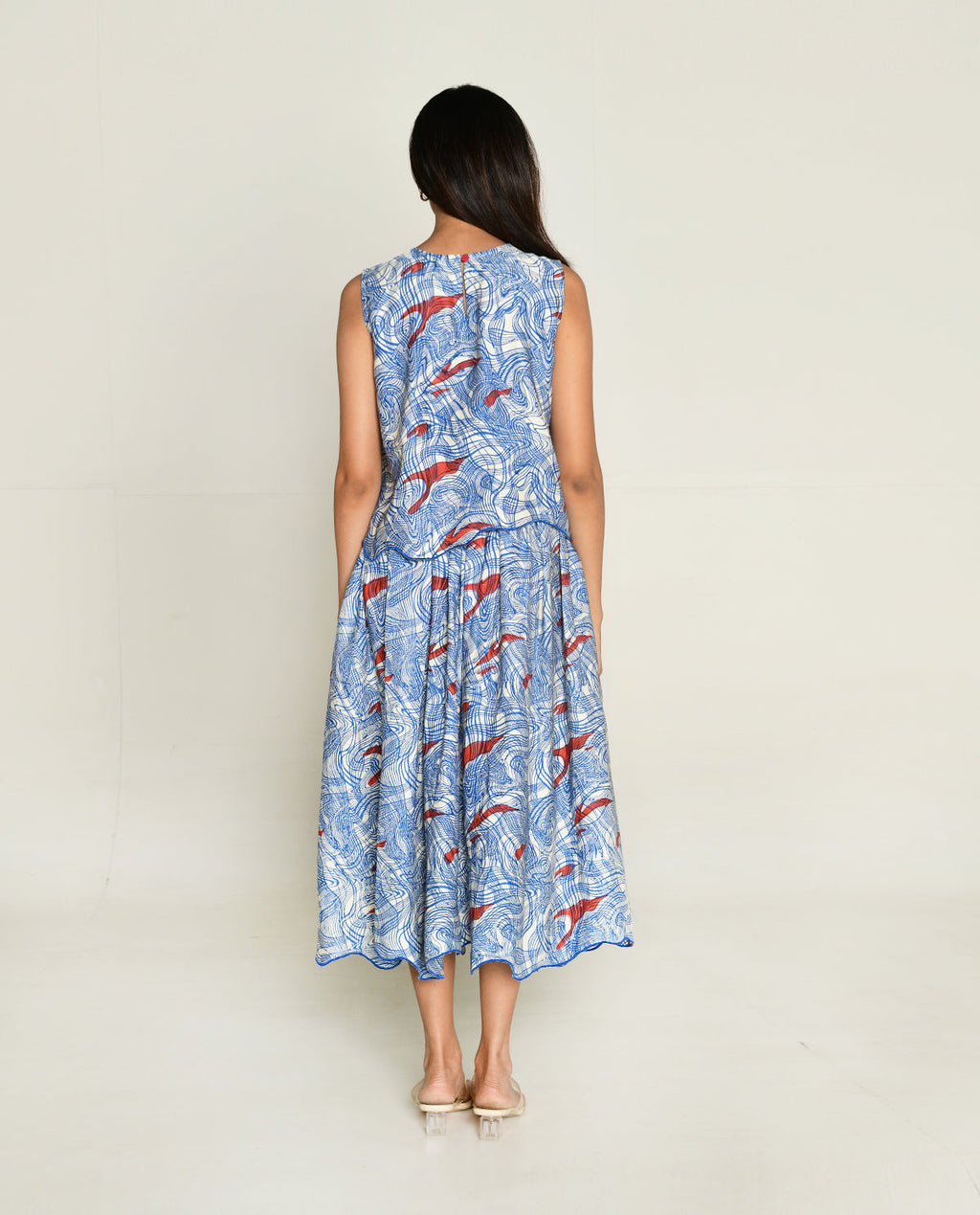 Blue Skirt at Kamakhyaa by Rias Jaipur. This item is Abstract Prints, Bhram by Rias Jaipur, Casual Wear, Cotton bemberg, Multicolor, Organic, Regular Fit, Skirts