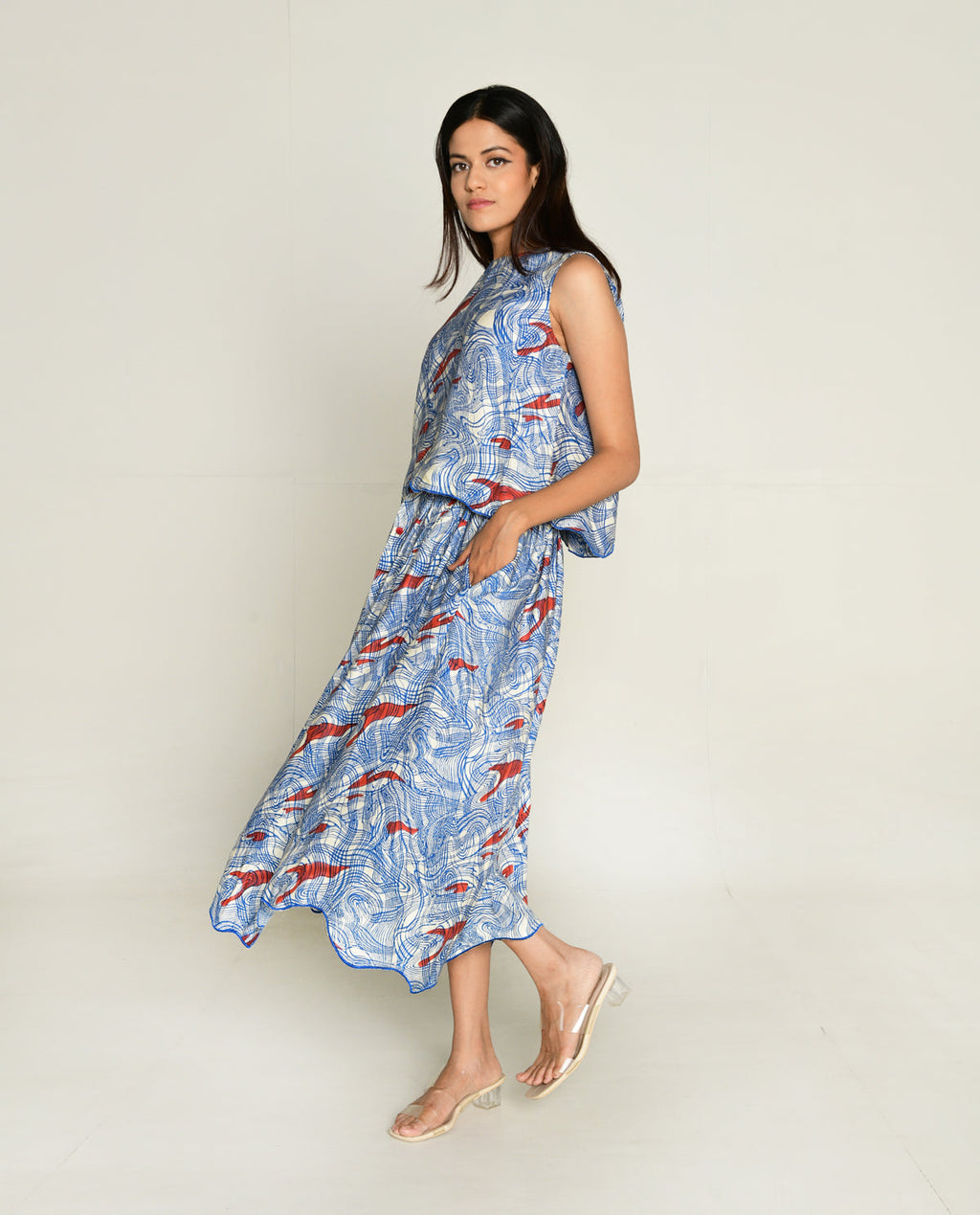 Blue Skirt at Kamakhyaa by Rias Jaipur. This item is Abstract Prints, Bhram by Rias Jaipur, Casual Wear, Cotton bemberg, Multicolor, Organic, Regular Fit, Skirts