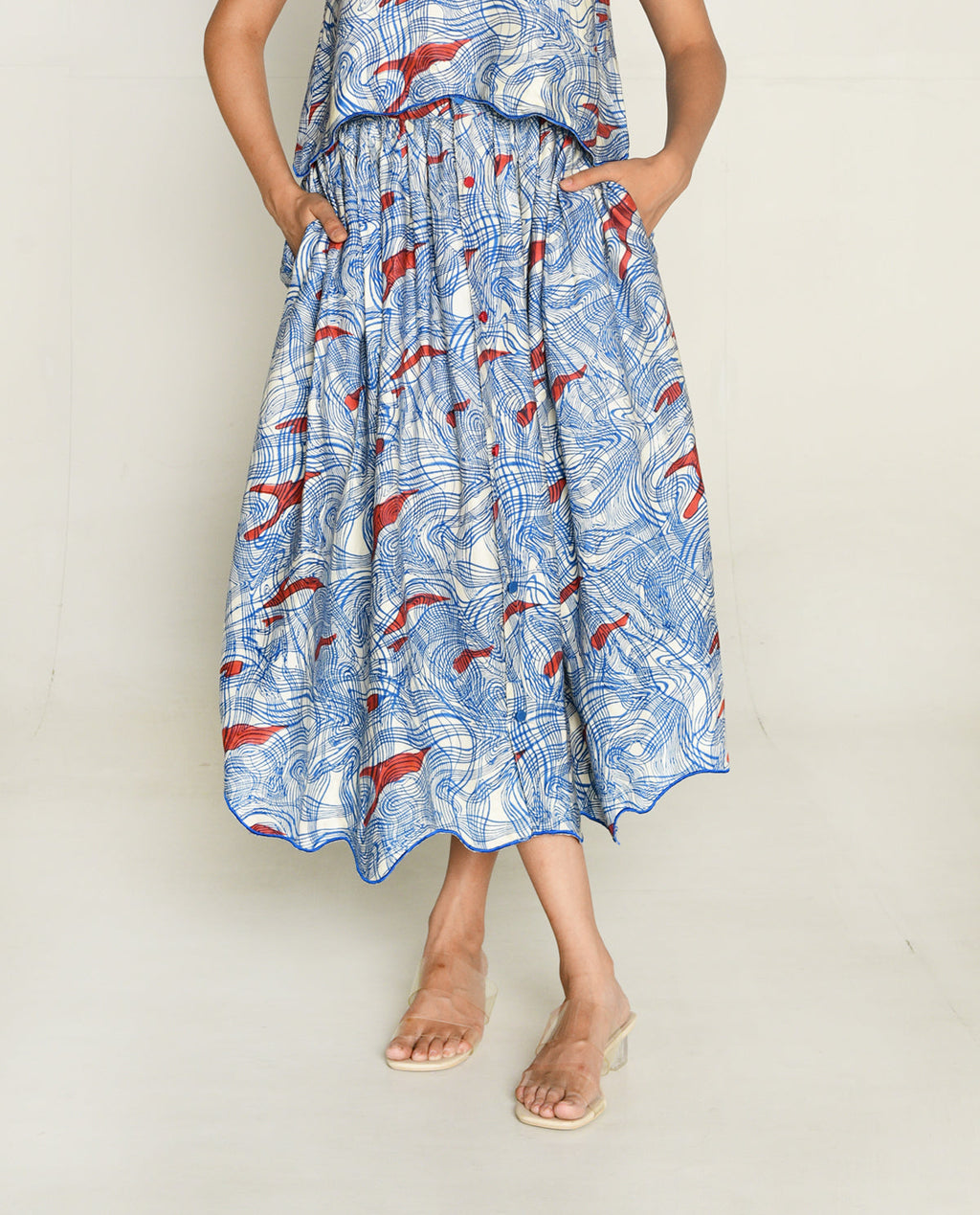 Blue Skirt at Kamakhyaa by Rias Jaipur. This item is Abstract Prints, Bhram by Rias Jaipur, Casual Wear, Cotton bemberg, Multicolor, Organic, Regular Fit, Skirts