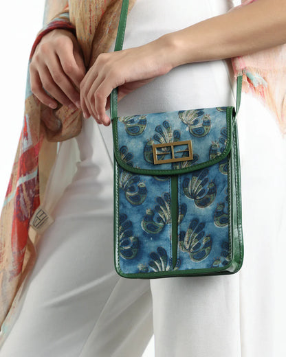 Blue Sling Bag at Kamakhyaa by The Indian Trunk. This item is Artisan Made, Blue, Casual Wear, Floral Prints, Free Size, leather, Modal SIlk, Sling Bags