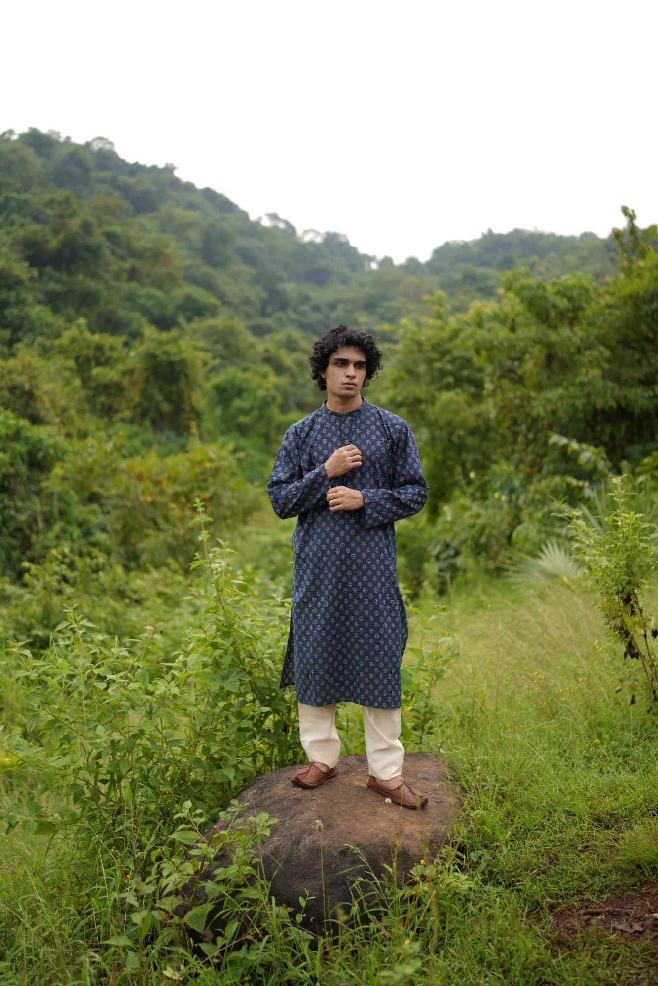 Blue Small Butta Kurta for Men at Kamakhyaa by Hasttvam. This item is Blue, Cotton, Festive Wear, Floral, Handmade by Artisans, Natural dyes, Relaxed Fit, Respondible production and Vegan