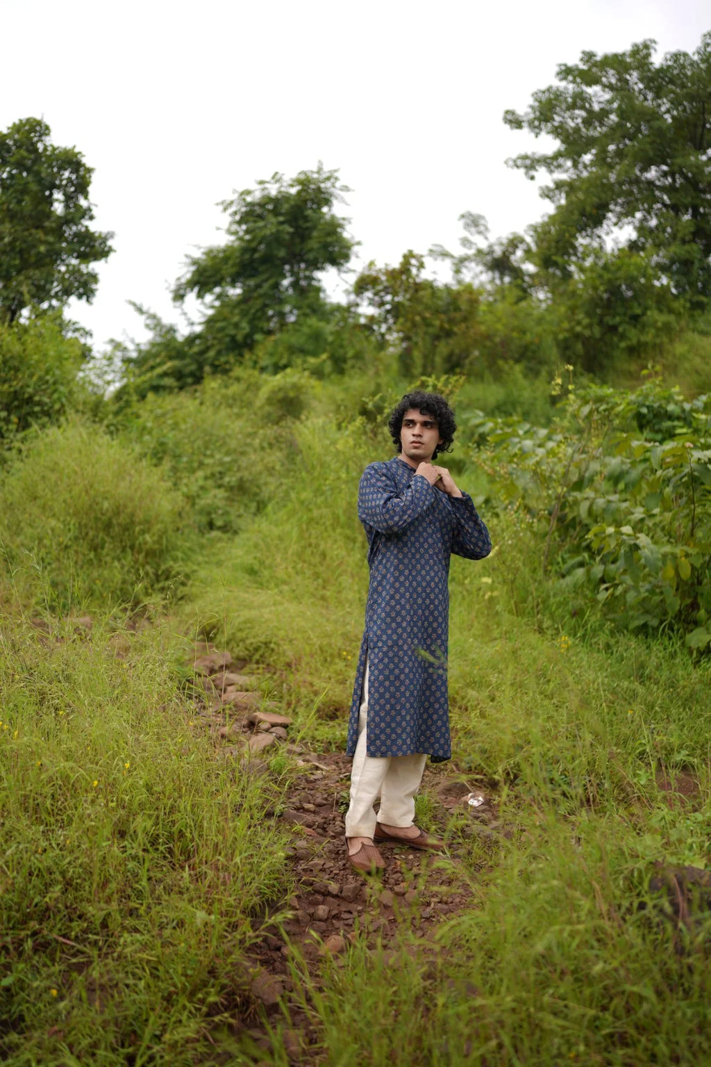 Blue Small Butta Kurta for Men at Kamakhyaa by Hasttvam. This item is Blue, Cotton, Festive Wear, Floral, Handmade by Artisans, Natural dyes, Relaxed Fit, Respondible production and Vegan