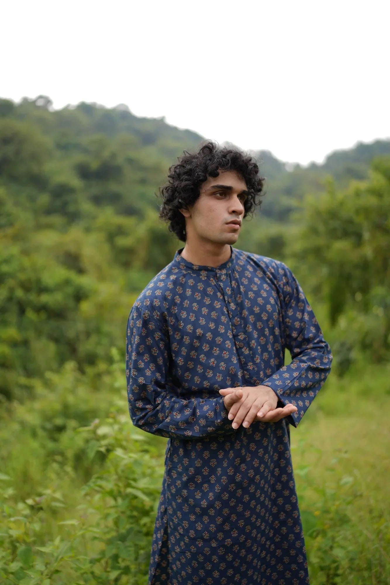 Blue Small Butta Kurta for Men at Kamakhyaa by Hasttvam. This item is Blue, Cotton, Festive Wear, Floral, Handmade by Artisans, Natural dyes, Relaxed Fit, Respondible production and Vegan