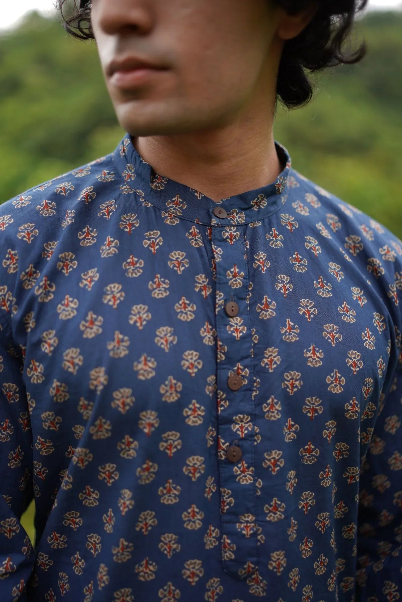 Blue Small Butta Kurta for Men at Kamakhyaa by Hasttvam. This item is Blue, Cotton, Festive Wear, Floral, Handmade by Artisans, Natural dyes, Relaxed Fit, Respondible production and Vegan