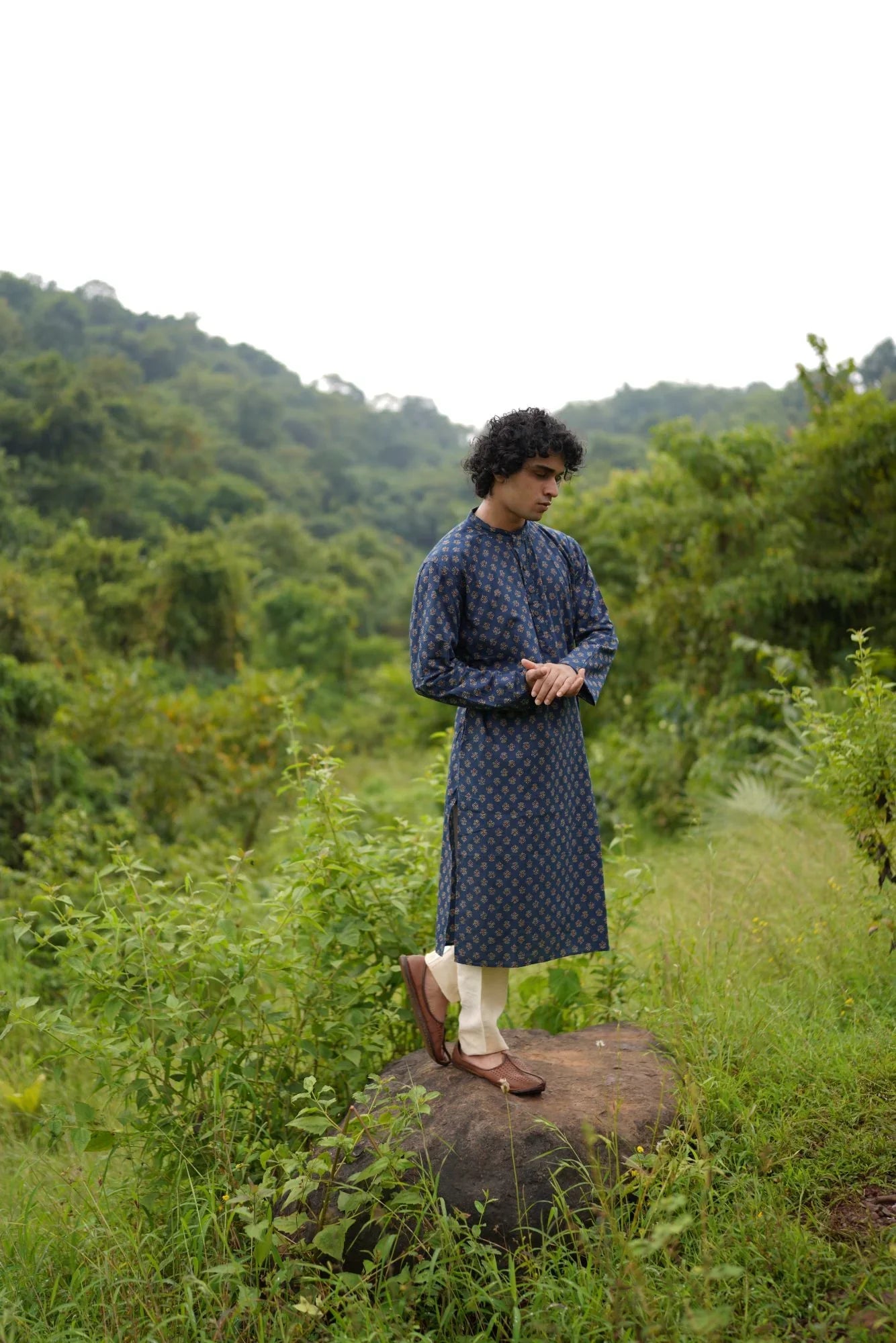 Blue Small Butta Kurta for Men at Kamakhyaa by Hasttvam. This item is Blue, Cotton, Festive Wear, Floral, Handmade by Artisans, Natural dyes, Relaxed Fit, Respondible production and Vegan