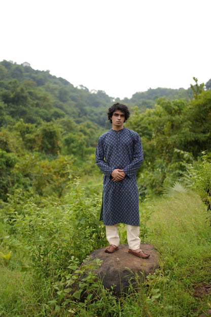 Blue Small Butta Kurta for Men at Kamakhyaa by Hasttvam. This item is Blue, Cotton, Festive Wear, Floral, Handmade by Artisans, Natural dyes, Relaxed Fit, Respondible production and Vegan