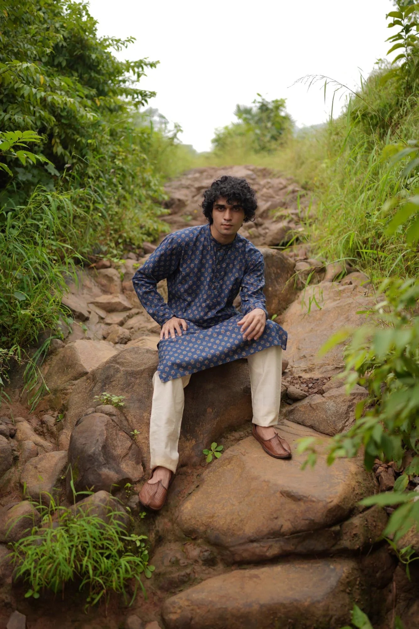 Blue Small Butta Kurta for Men at Kamakhyaa by Hasttvam. This item is Blue, Cotton, Festive Wear, Floral, Handmade by Artisans, Natural dyes, Relaxed Fit, Respondible production and Vegan