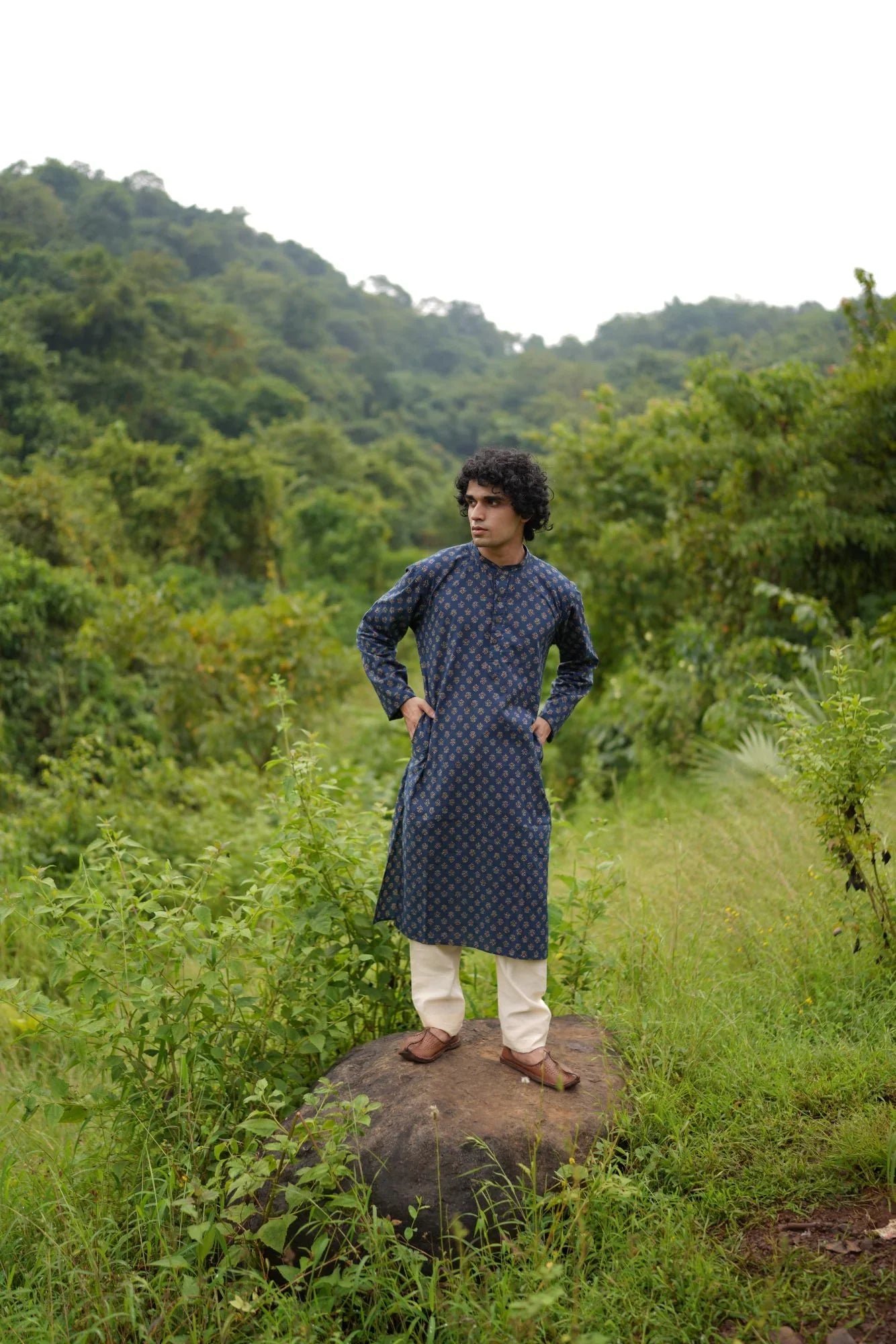 Blue Small Butta Kurta for Men at Kamakhyaa by Hasttvam. This item is Blue, Cotton, Festive Wear, Floral, Handmade by Artisans, Natural dyes, Relaxed Fit, Respondible production and Vegan