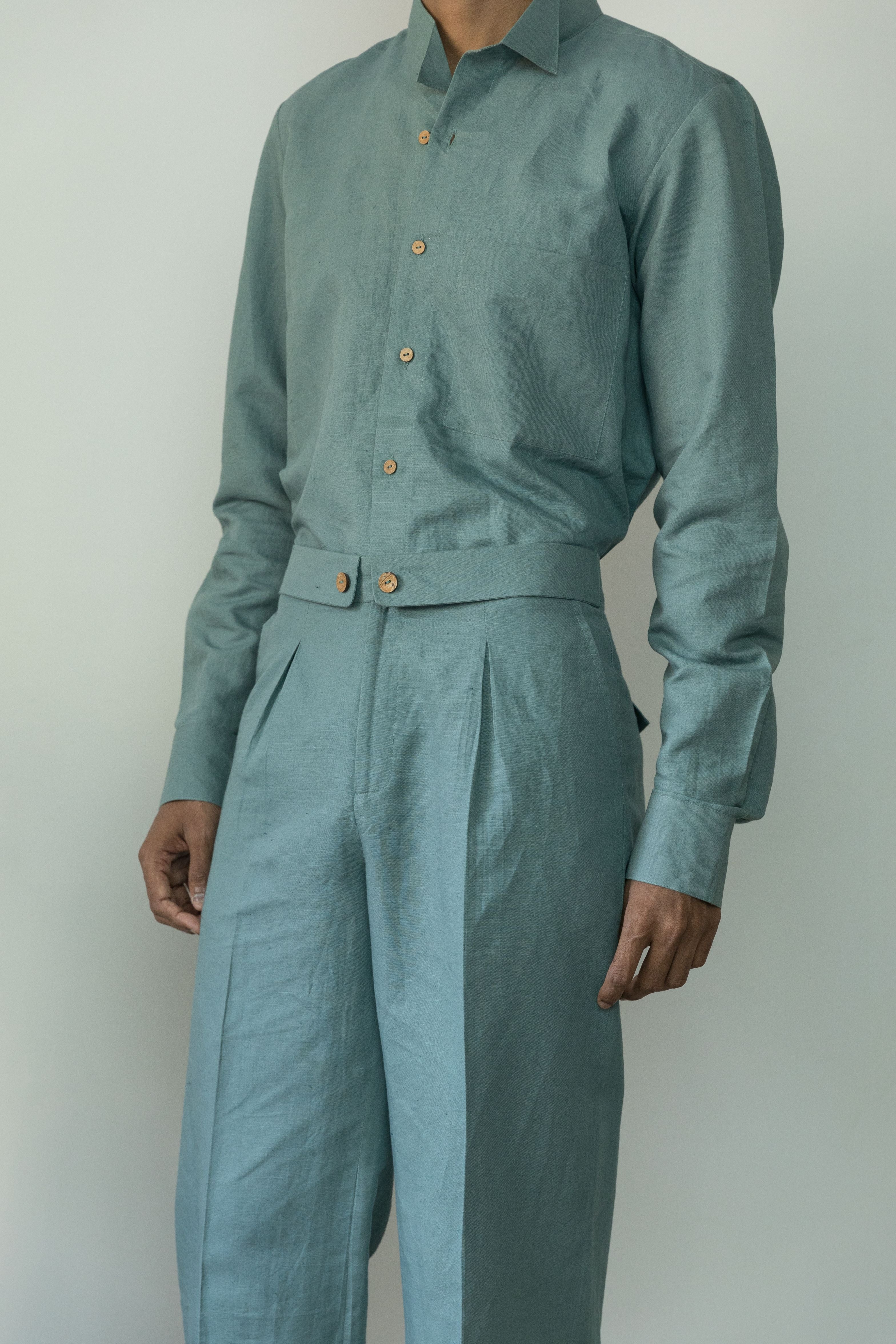 Blue Solid Cotton Pants by Anushé Pirani with Blue, Casual Wear, Cotton, Cotton Hemp, For Him, Handwoven, Hemp, Mens Bottom, Menswear, Pants, Regular Fit, Shibumi Collection, Solids at Kamakhyaa for sustainable fashion