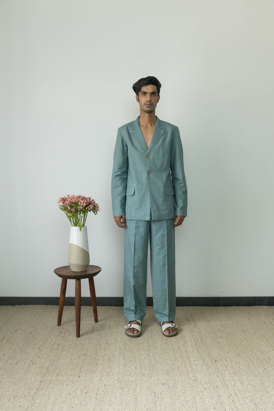 Blue Solid Cotton Pants at Kamakhyaa by Anushé Pirani. This item is Blue, Casual Wear, Cotton, Cotton Hemp, For Him, Handwoven, Hemp, Mens Bottom, Menswear, Pants, Regular Fit, Shibumi Collection, Solids