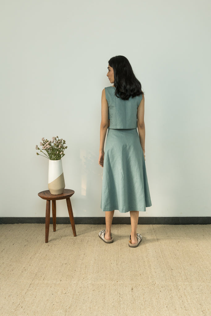 Blue Solid Midi Skirt by Anushé Pirani with Blue, Casual Wear, Cotton, Cotton Hemp, Handwoven, Hemp, Midi Skirts, Regular Fit, Shibumi Collection, Skirts, Solids, Womenswear at Kamakhyaa for sustainable fashion