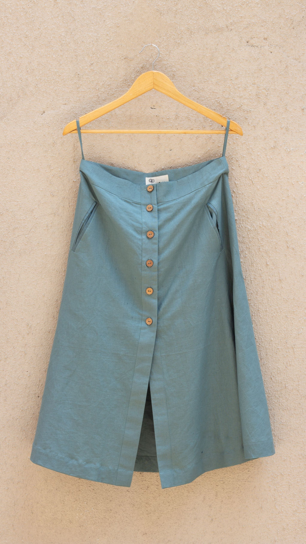 Blue Solid Midi Skirt by Anushé Pirani with Blue, Casual Wear, Cotton, Cotton Hemp, Handwoven, Hemp, Midi Skirts, Regular Fit, Shibumi Collection, Skirts, Solids, Womenswear at Kamakhyaa for sustainable fashion