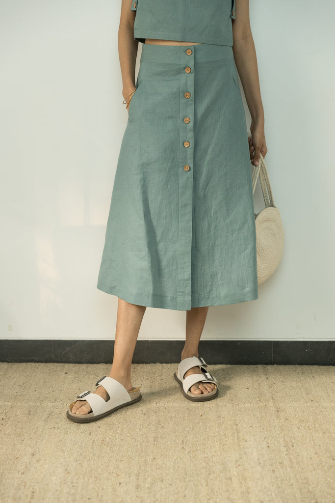 Blue Solid Midi Skirt by Anushé Pirani with Blue, Casual Wear, Cotton, Cotton Hemp, Handwoven, Hemp, Midi Skirts, Regular Fit, Shibumi Collection, Skirts, Solids, Womenswear at Kamakhyaa for sustainable fashion