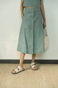 Blue Solid Midi Skirt by Anushé Pirani with Blue, Casual Wear, Cotton, Cotton Hemp, Handwoven, Hemp, Midi Skirts, Regular Fit, Shibumi Collection, Skirts, Solids, Womenswear at Kamakhyaa for sustainable fashion