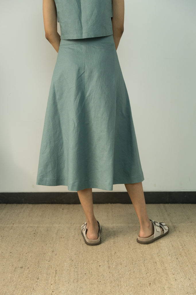 Blue Solid Midi Skirt by Anushé Pirani with Blue, Casual Wear, Cotton, Cotton Hemp, Handwoven, Hemp, Midi Skirts, Regular Fit, Shibumi Collection, Skirts, Solids, Womenswear at Kamakhyaa for sustainable fashion