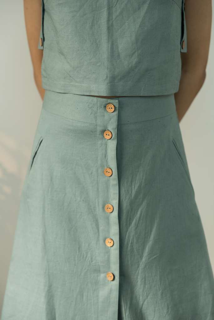 Blue Solid Midi Skirt by Anushé Pirani with Blue, Casual Wear, Cotton, Cotton Hemp, Handwoven, Hemp, Midi Skirts, Regular Fit, Shibumi Collection, Skirts, Solids, Womenswear at Kamakhyaa for sustainable fashion