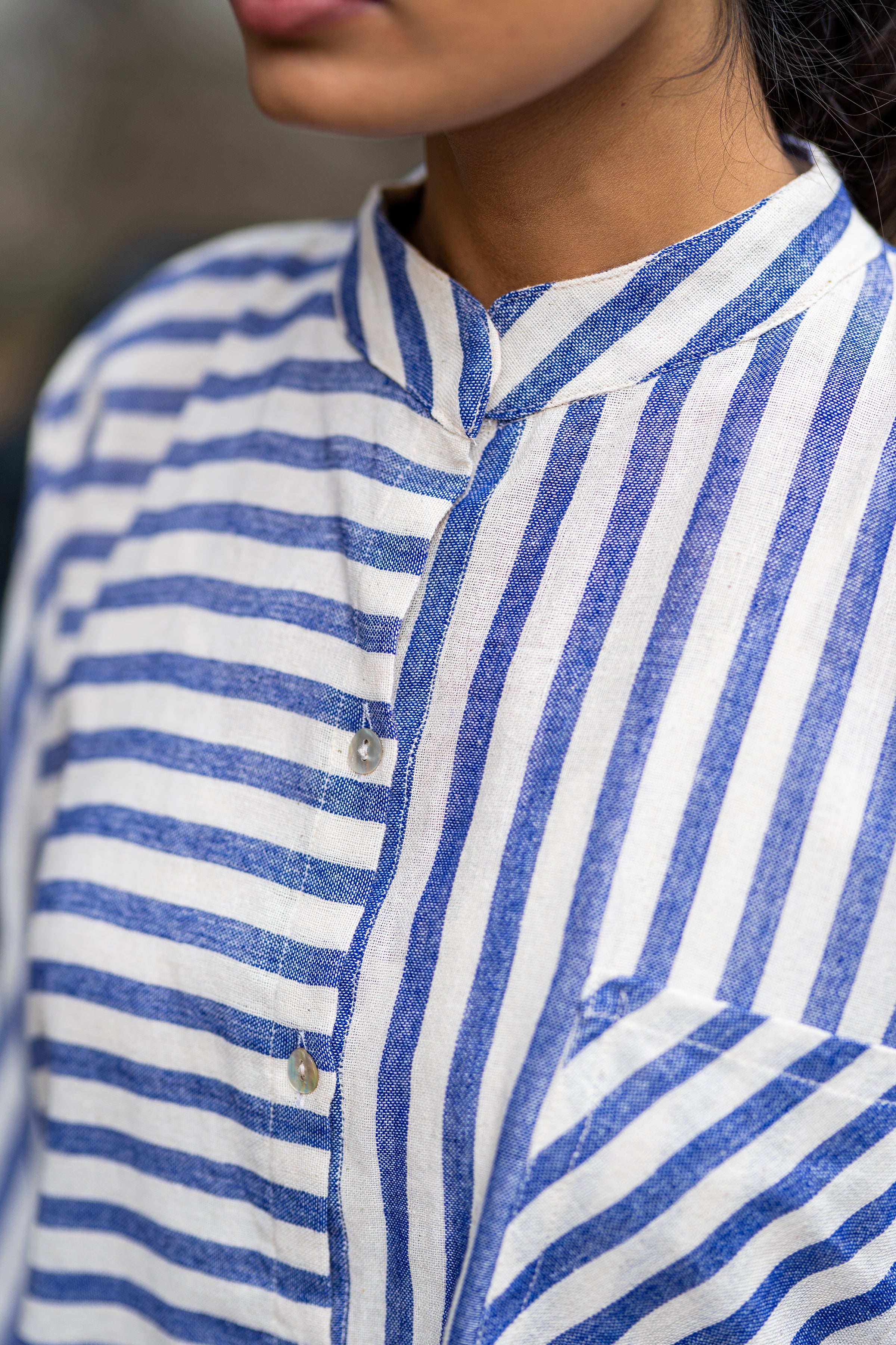 Blue Striped Casual Wear Shirt at Kamakhyaa by Krushnachuda. This item is Blue, Casual Wear, Handloom Cotton, Natural Dye, Organic, Regular Fit, Shirts, Stripes