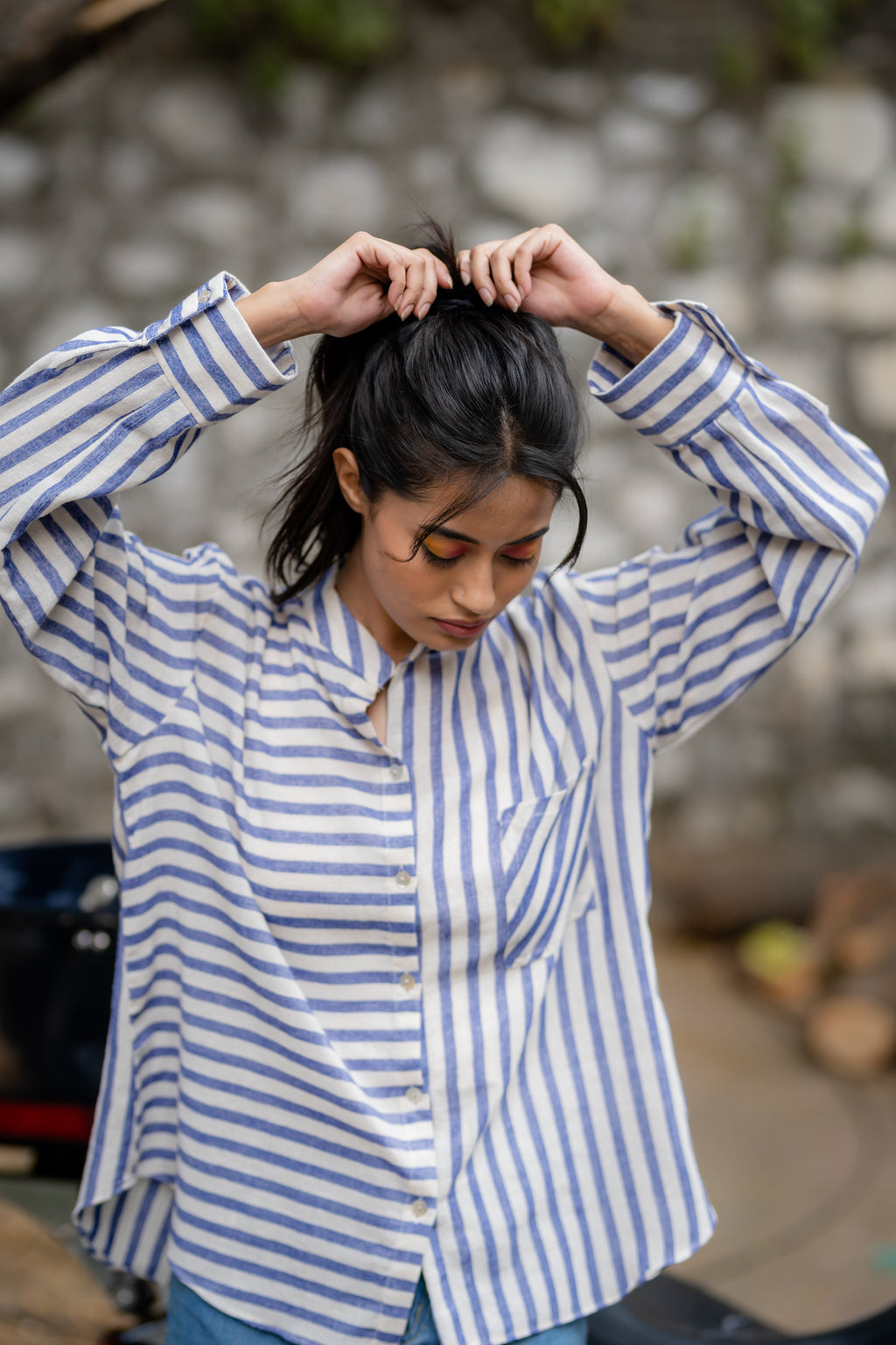 Blue Striped Casual Wear Shirt at Kamakhyaa by Krushnachuda. This item is Blue, Casual Wear, Handloom Cotton, Natural Dye, Organic, Regular Fit, Shirts, Stripes