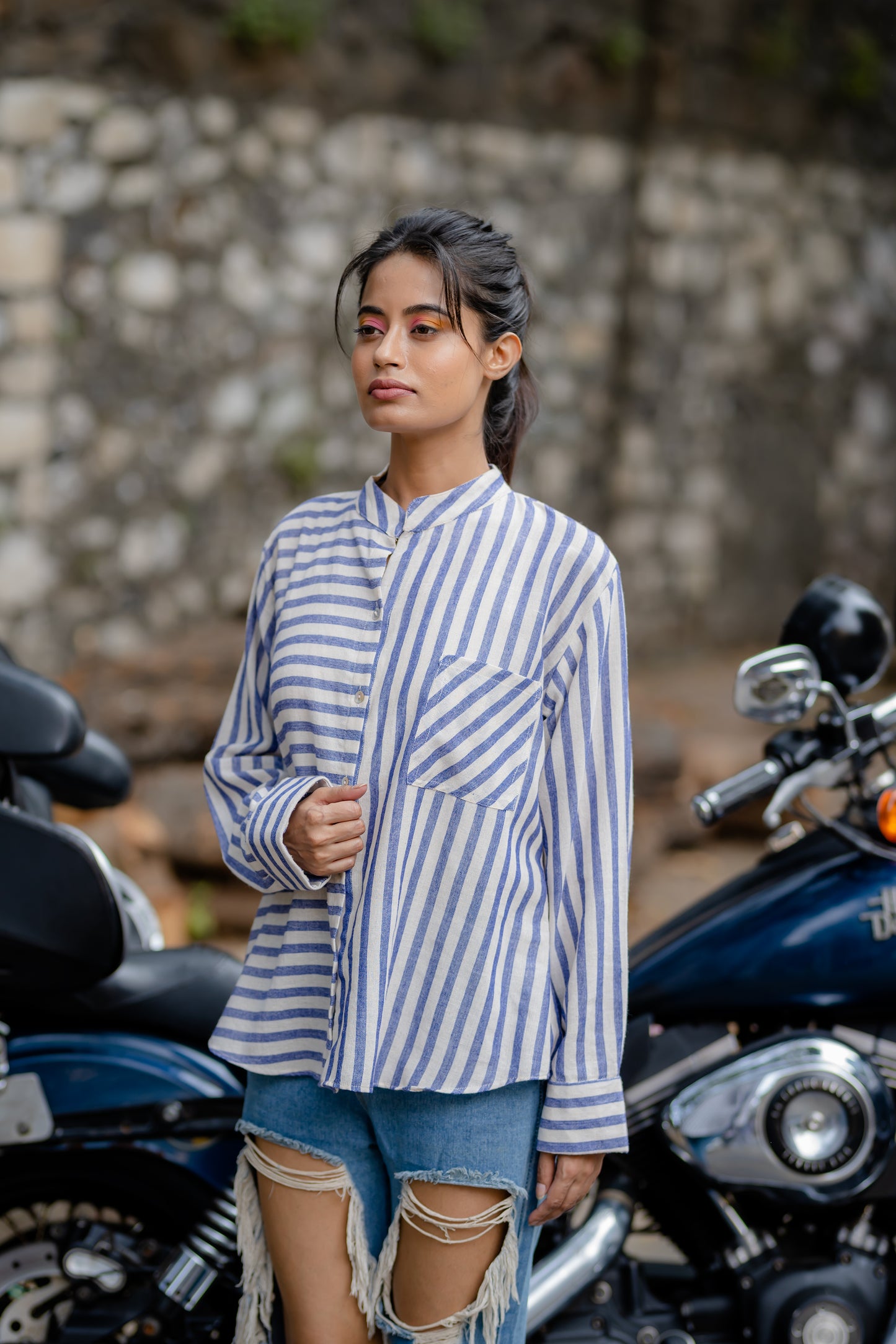 Blue Striped Casual Wear Shirt at Kamakhyaa by Krushnachuda. This item is Blue, Casual Wear, Handloom Cotton, Natural Dye, Organic, Regular Fit, Shirts, Stripes