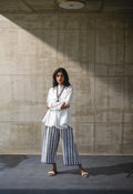 Blue Striped Cotton Pants with Crochet Lace at Kamakhyaa by Araayeh. This item is Artisan Made, Handwoven Cotton, Multicolor, Pants, Regular Fit, Stripes, Work Wear
