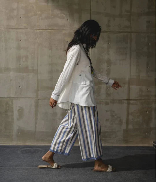 Blue Striped Cotton Pants with Crochet Lace at Kamakhyaa by Araayeh. This item is Artisan Made, Handwoven Cotton, Multicolor, Pants, Regular Fit, Stripes, Work Wear