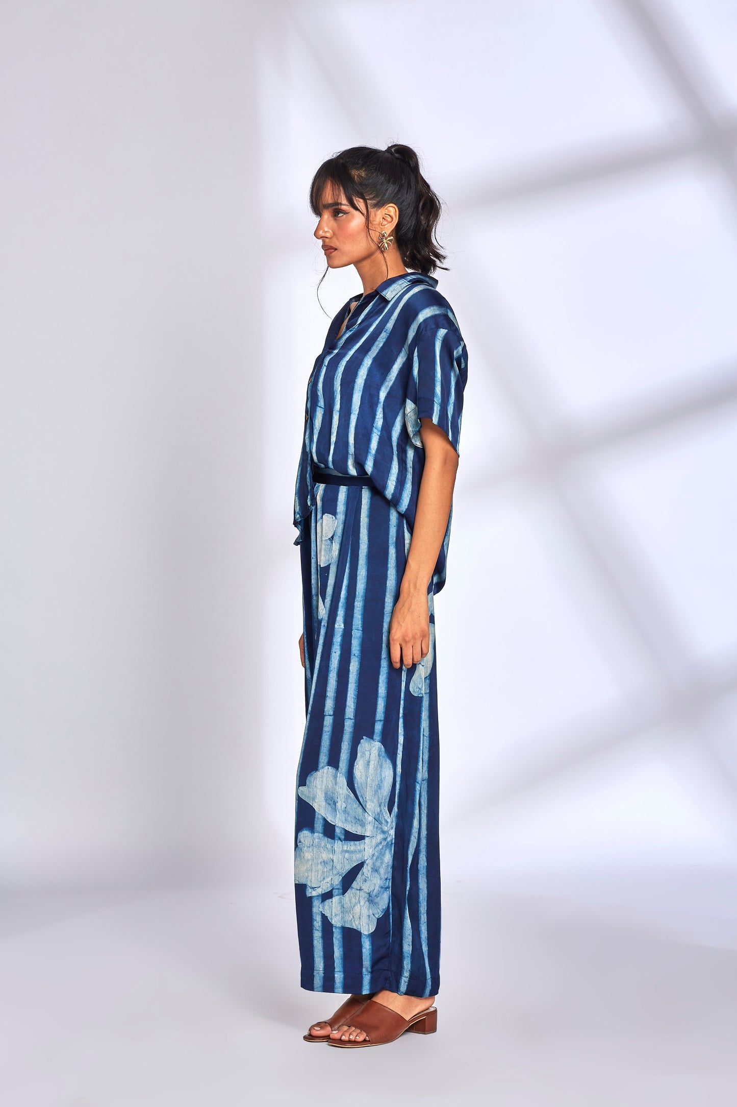 Blue Striped Printed Co-Ord Set at Kamakhyaa by Hasttvam. This item is Floral, Fusion Wear, Indigo, Modal silk, Natural dyes, Relaxed Fit, Respondible production and Vegan