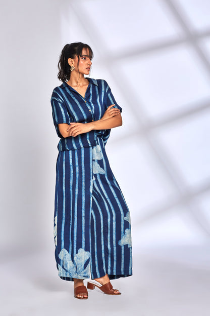 Blue Striped Printed Co-Ord Set at Kamakhyaa by Hasttvam. This item is Floral, Fusion Wear, Indigo, Modal silk, Natural dyes, Relaxed Fit, Respondible production and Vegan