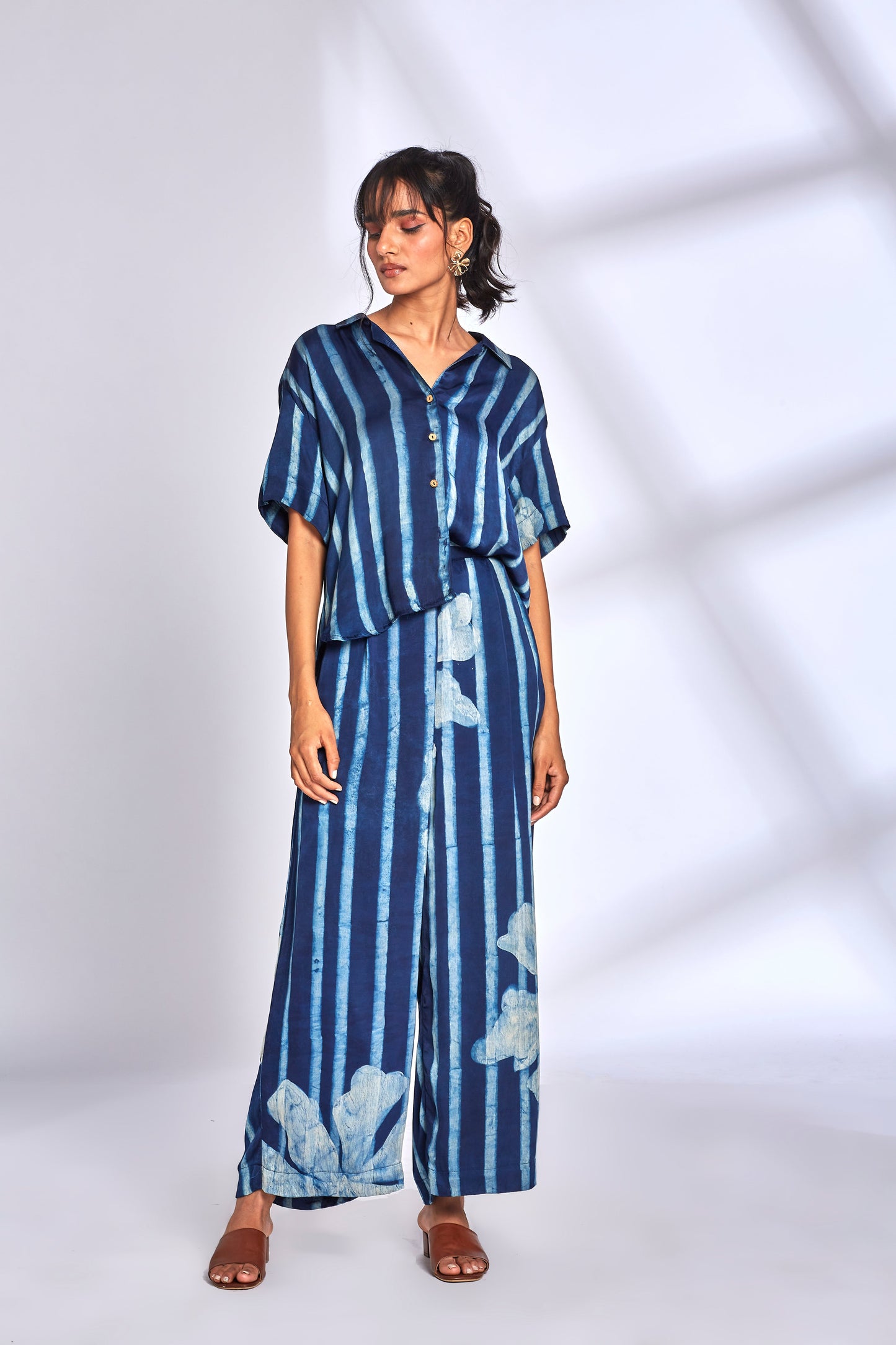 Blue Striped Printed Co-Ord Set at Kamakhyaa by Hasttvam. This item is Floral, Fusion Wear, Indigo, Modal silk, Natural dyes, Relaxed Fit, Respondible production and Vegan