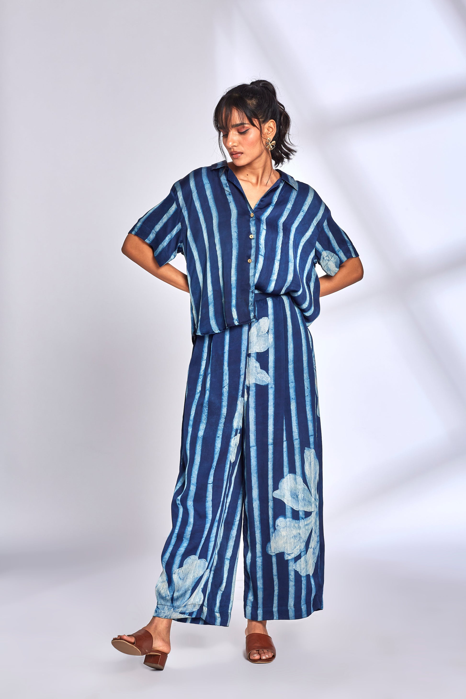 Blue Striped Printed Co-Ord Set at Kamakhyaa by Hasttvam. This item is Floral, Fusion Wear, Indigo, Modal silk, Natural dyes, Relaxed Fit, Respondible production and Vegan