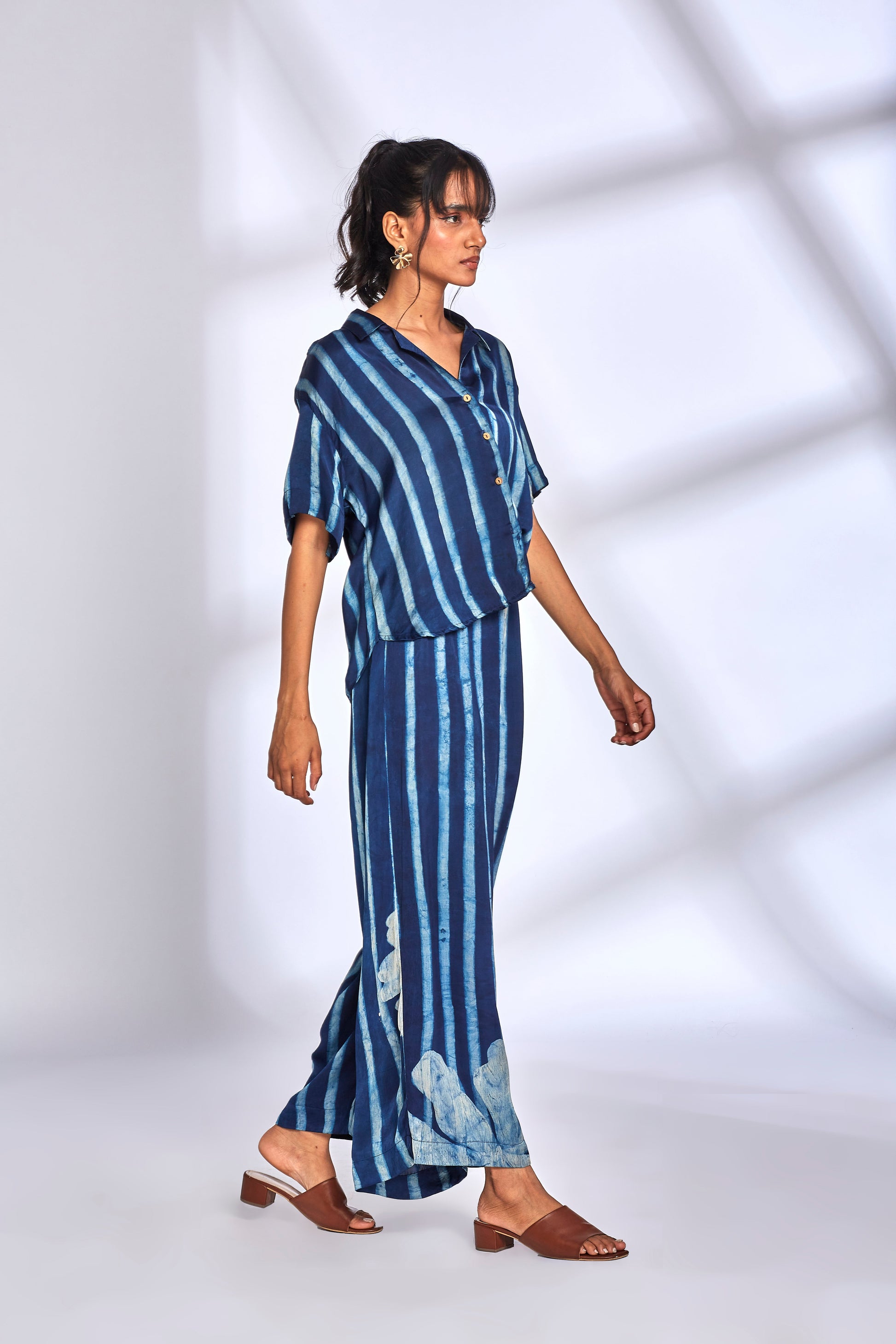 Blue Striped Printed Co-Ord Set at Kamakhyaa by Hasttvam. This item is Floral, Fusion Wear, Indigo, Modal silk, Natural dyes, Relaxed Fit, Respondible production and Vegan