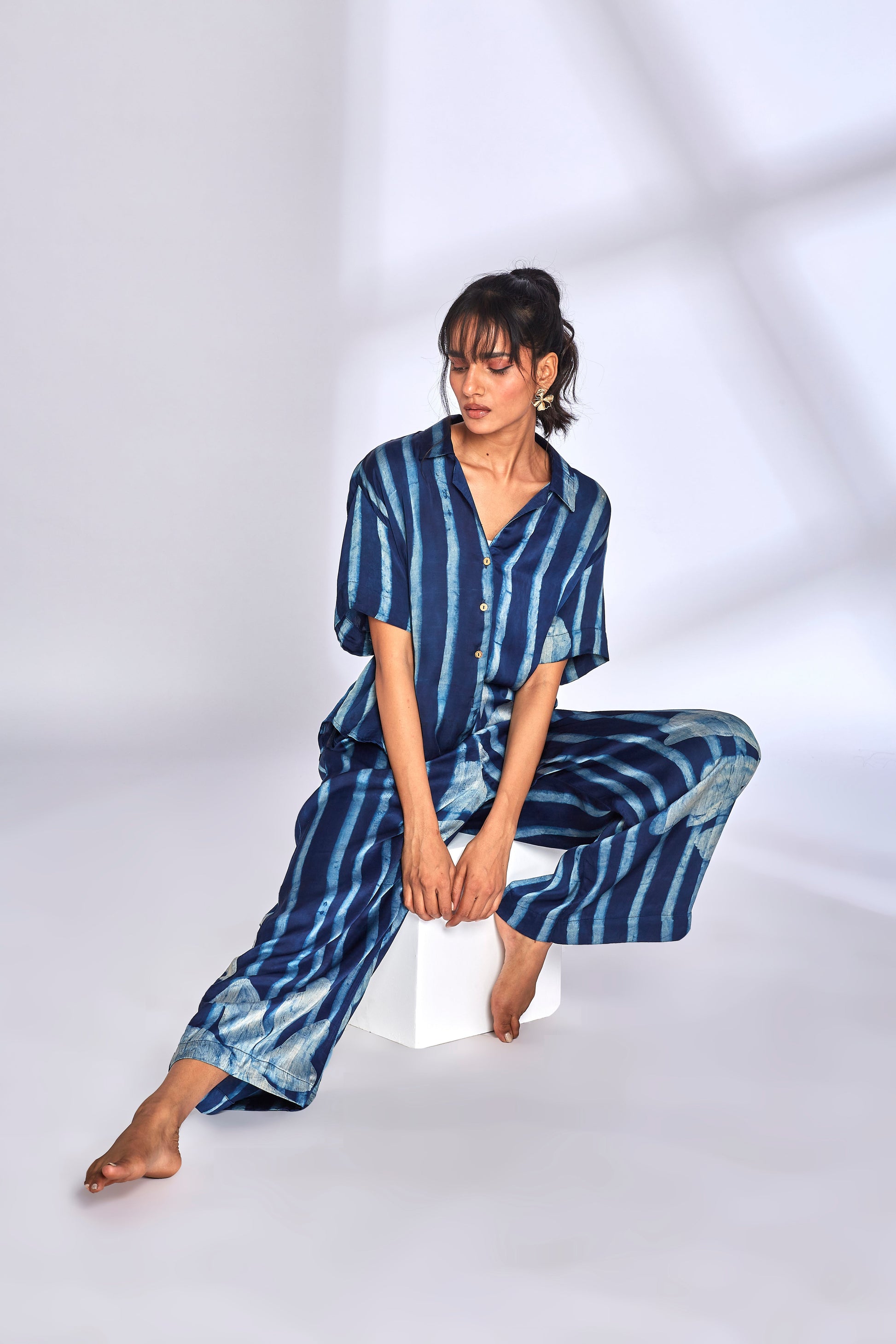 Blue Striped Printed Co-Ord Set at Kamakhyaa by Hasttvam. This item is Floral, Fusion Wear, Indigo, Modal silk, Natural dyes, Relaxed Fit, Respondible production and Vegan