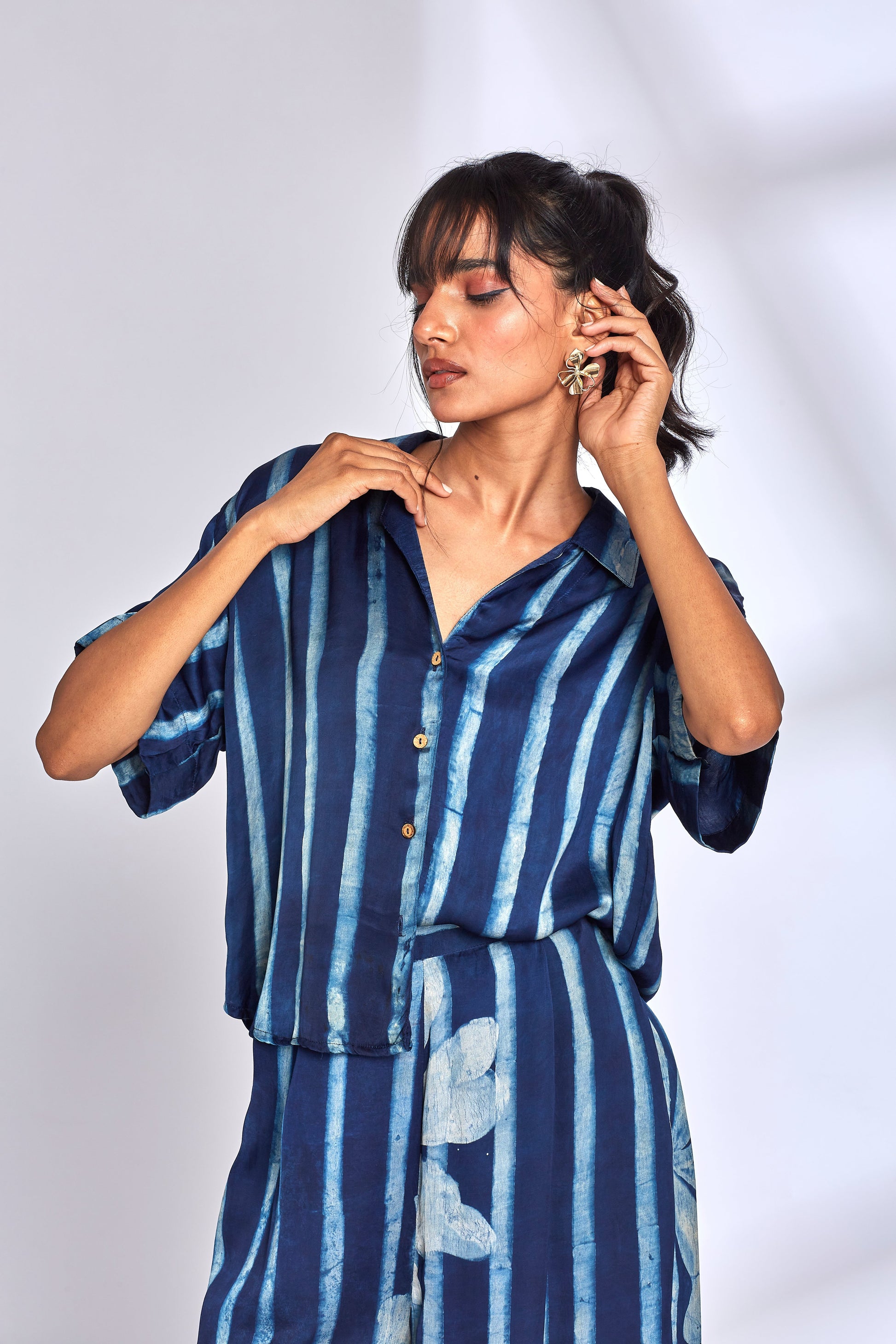 Blue Striped Printed Shirt at Kamakhyaa by Hasttvam. This item is Fusion Wear, ModalFloralFusionIndigoHandmade by artisans, Natural dyes, Relaxed Fit, Respondible production and Vegan