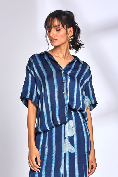 Blue Striped Printed Shirt at Kamakhyaa by Hasttvam. This item is Fusion Wear, ModalFloralFusionIndigoHandmade by artisans, Natural dyes, Relaxed Fit, Respondible production and Vegan