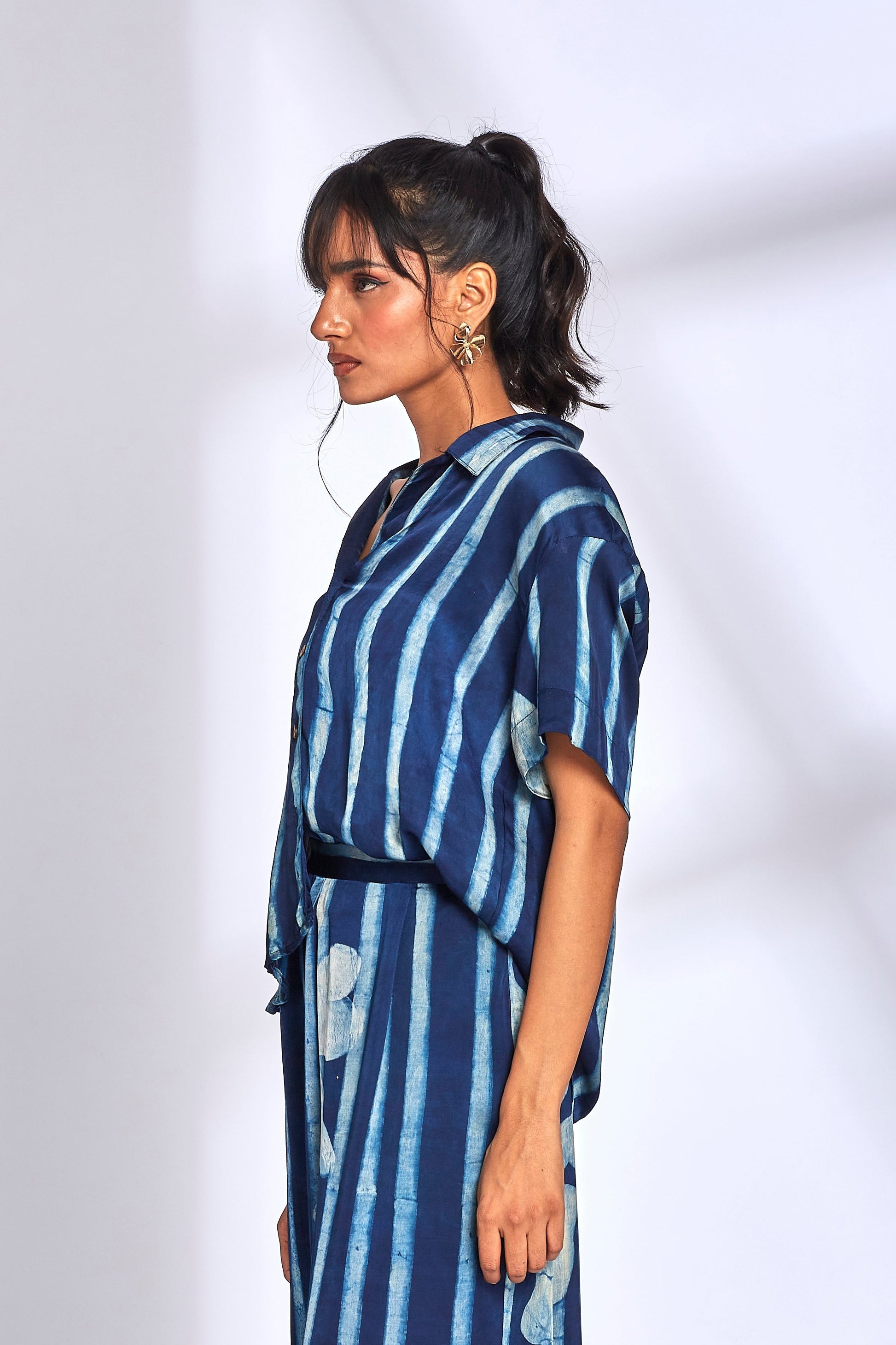 Blue Striped Printed Shirt at Kamakhyaa by Hasttvam. This item is Fusion Wear, ModalFloralFusionIndigoHandmade by artisans, Natural dyes, Relaxed Fit, Respondible production and Vegan