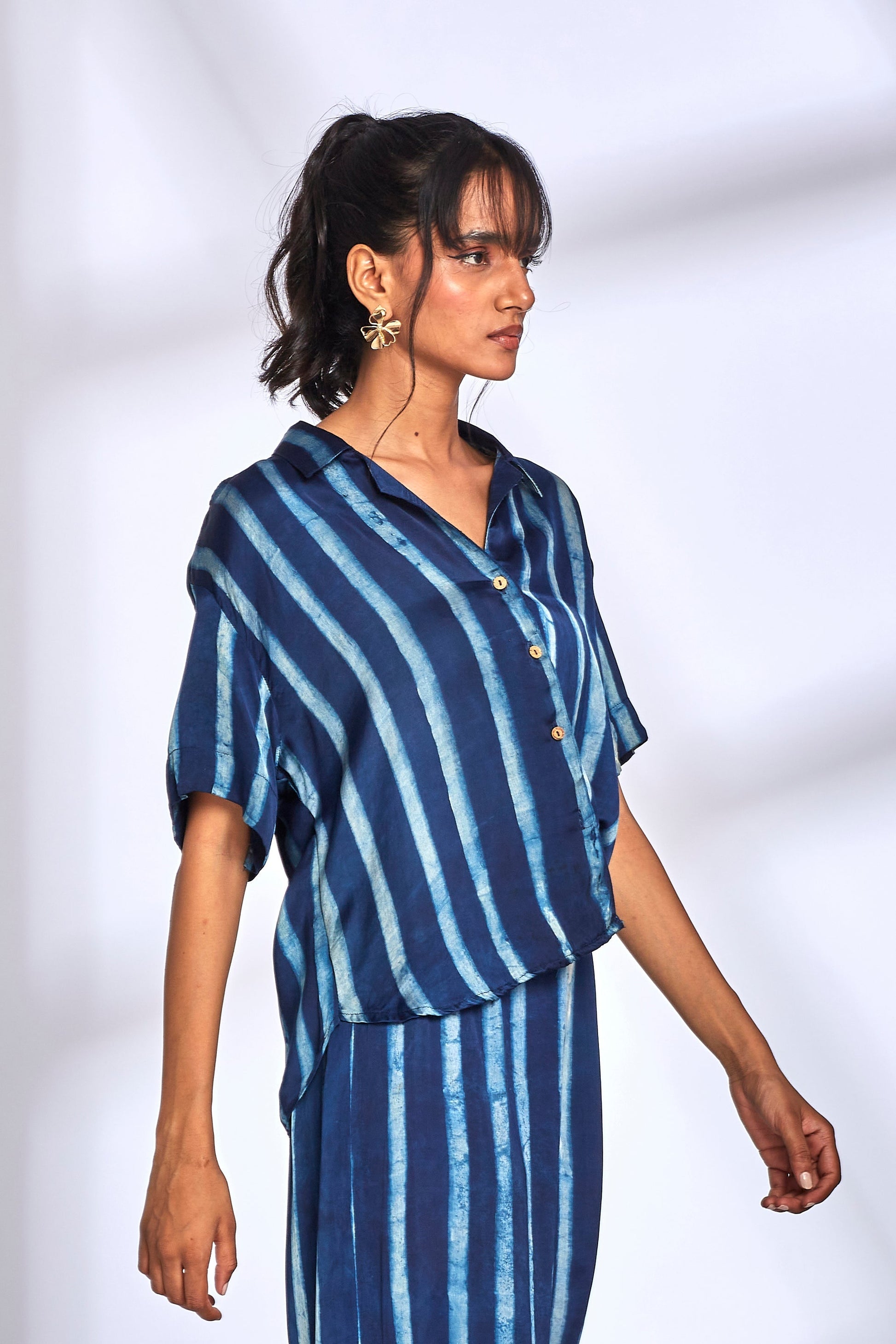 Blue Striped Printed Shirt at Kamakhyaa by Hasttvam. This item is Fusion Wear, ModalFloralFusionIndigoHandmade by artisans, Natural dyes, Relaxed Fit, Respondible production and Vegan