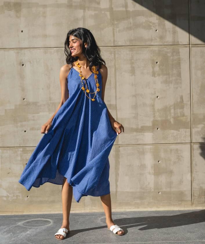 Blue V-Neck Striped Cotton Dress at Kamakhyaa by Araayeh. This item is Artisan Made, Blue, Handwoven Cotton, Regular Fit, Resort wear, Sleeveless Dresses, Stripes