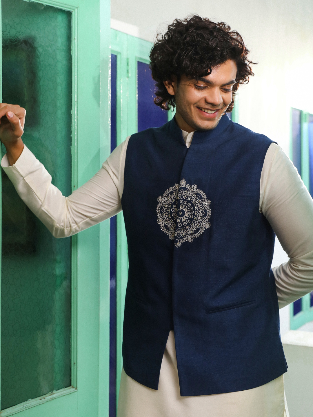 Blue Viscose Silk Jacket at Kamakhyaa by RoohbyRidhimaa. This item is Aangan By RoohbyRidhimaa, Blue, Festive Wear, Jackets, Men Jackets, Menswear By RoohbyRidhimaa, Regular Fit, Viscose Raw Silk, Zari Embroidered