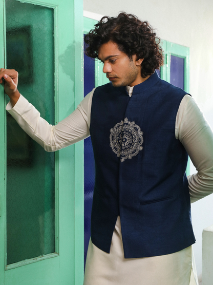 Blue Viscose Silk Jacket at Kamakhyaa by RoohbyRidhimaa. This item is Aangan By RoohbyRidhimaa, Blue, Festive Wear, Jackets, Men Jackets, Menswear By RoohbyRidhimaa, Regular Fit, Viscose Raw Silk, Zari Embroidered