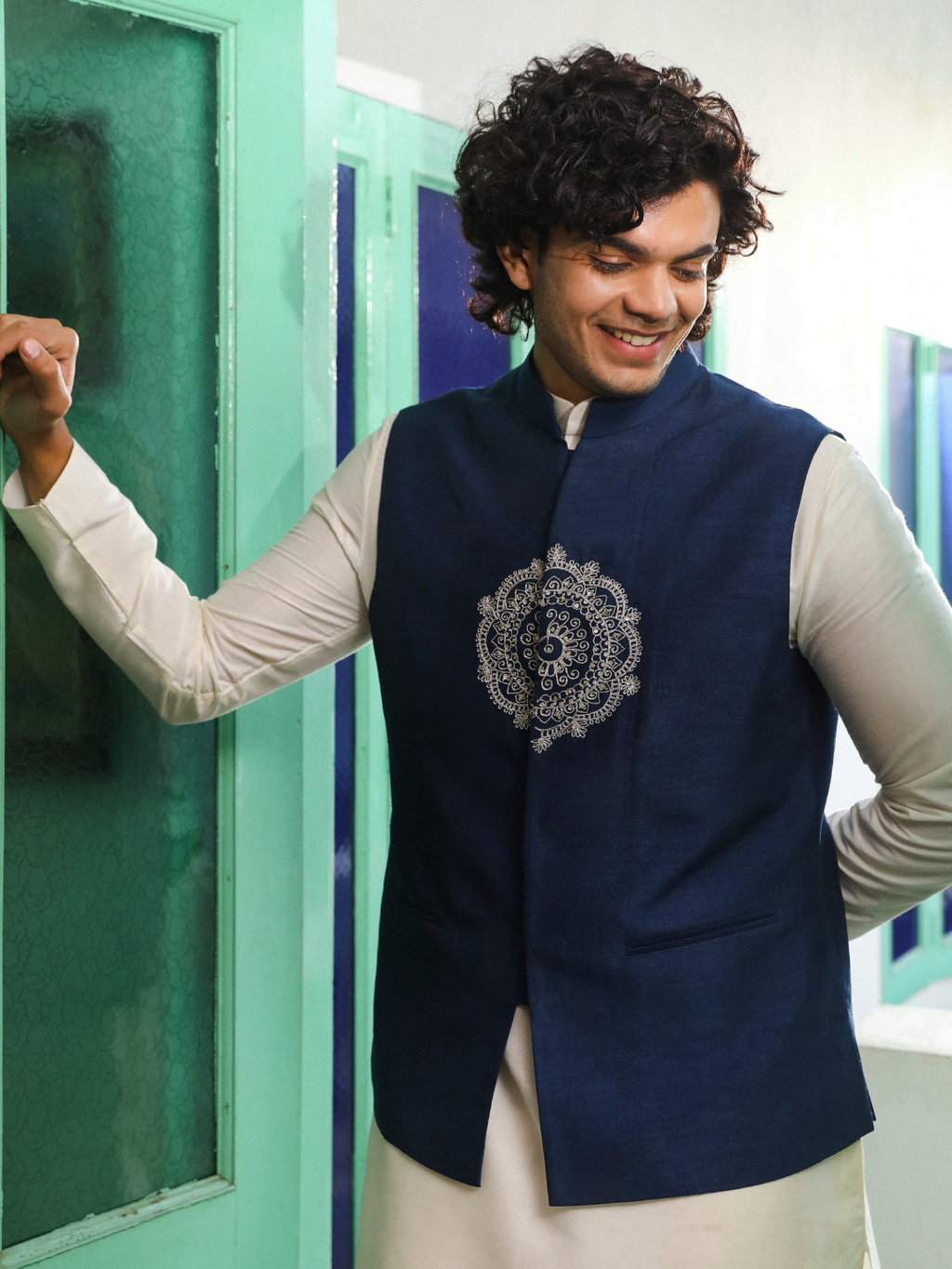 Blue Viscose Silk Jacket at Kamakhyaa by RoohbyRidhimaa. This item is Aangan By RoohbyRidhimaa, Blue, Diwali Wear, Eid Special, Eid Wear, Festive Wear, Indian Wear, Jackets, Men Jackets, Men Overlays, Menswear, Menswear By RoohbyRidhimaa, missing, Regular Fit, Sangeet Function, Traditional Wear, Viscose, Viscose Raw Silk, Wedding Wear, Winter Products, Zari Embroidery