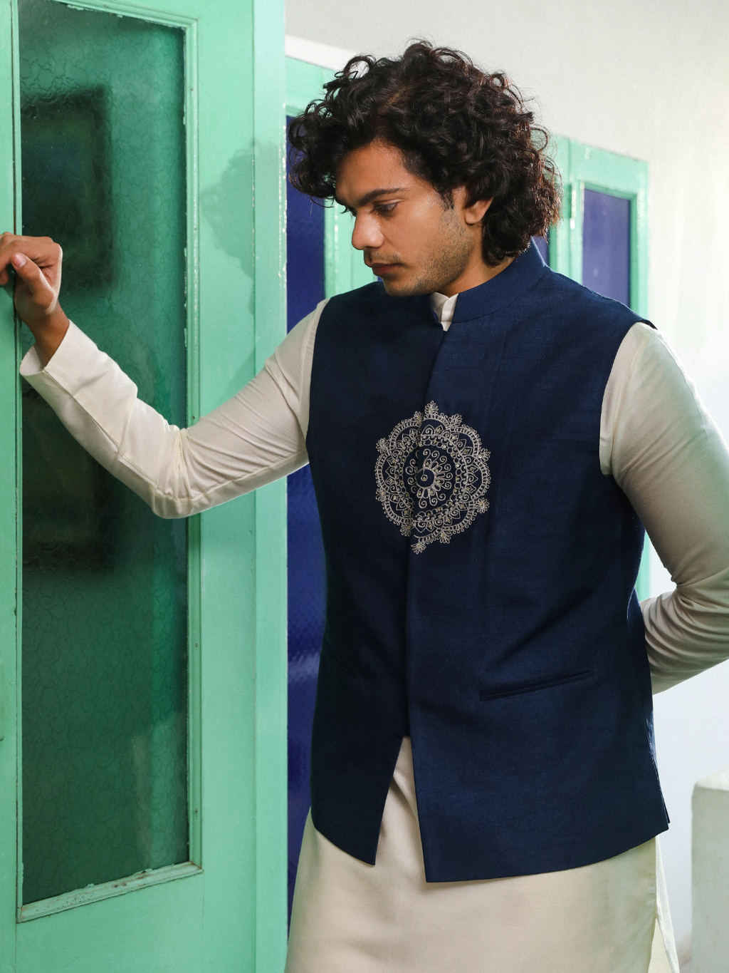 Blue Viscose Silk Jacket at Kamakhyaa by RoohbyRidhimaa. This item is Aangan By RoohbyRidhimaa, Blue, Diwali Wear, Eid Special, Eid Wear, Festive Wear, Indian Wear, Jackets, Men Jackets, Men Overlays, Menswear, Menswear By RoohbyRidhimaa, missing, Regular Fit, Sangeet Function, Traditional Wear, Viscose, Viscose Raw Silk, Wedding Wear, Winter Products, Zari Embroidery