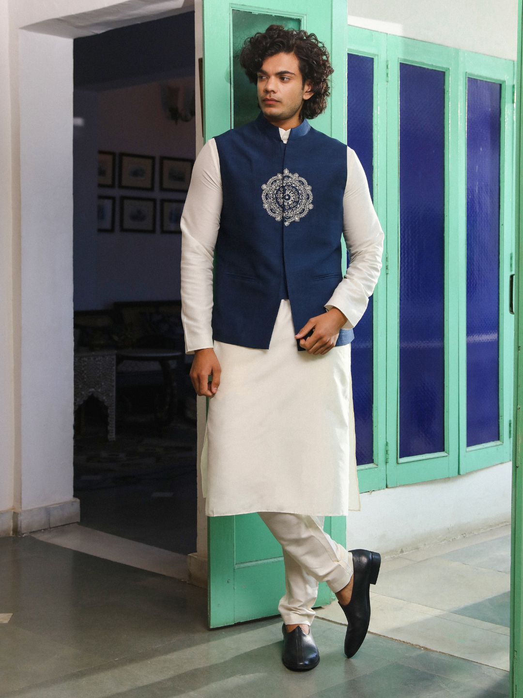 Blue Viscose Silk Jacket at Kamakhyaa by RoohbyRidhimaa. This item is Aangan By RoohbyRidhimaa, Blue, Festive Wear, Jackets, Men Jackets, Menswear By RoohbyRidhimaa, Regular Fit, Viscose Raw Silk, Zari Embroidered